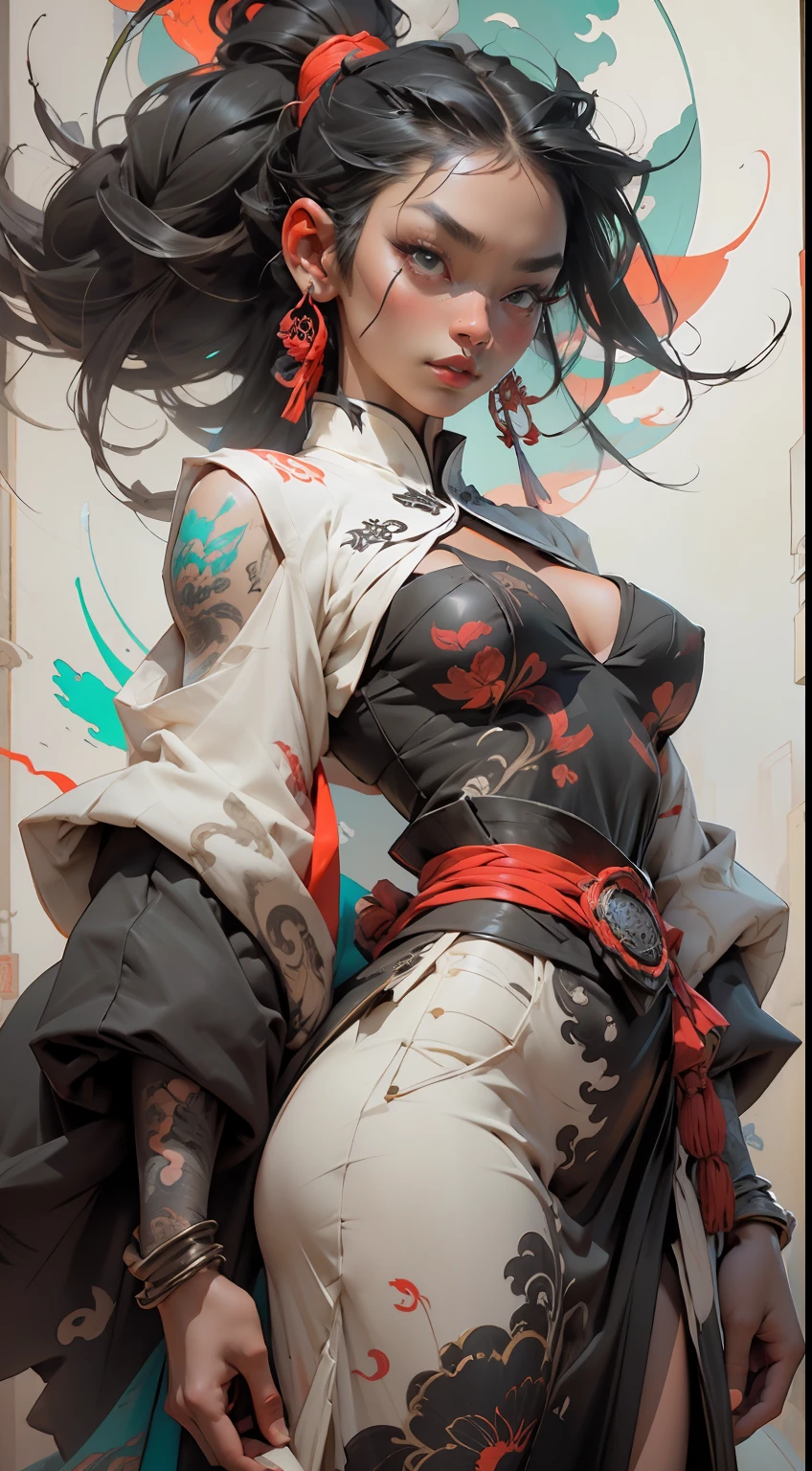 wuxia,vector art,1ebony woman with tattoos,black hair,white clothes,super colorful,luminous colorization,sharp, cinematic,dof,35mm,pintura luminosa