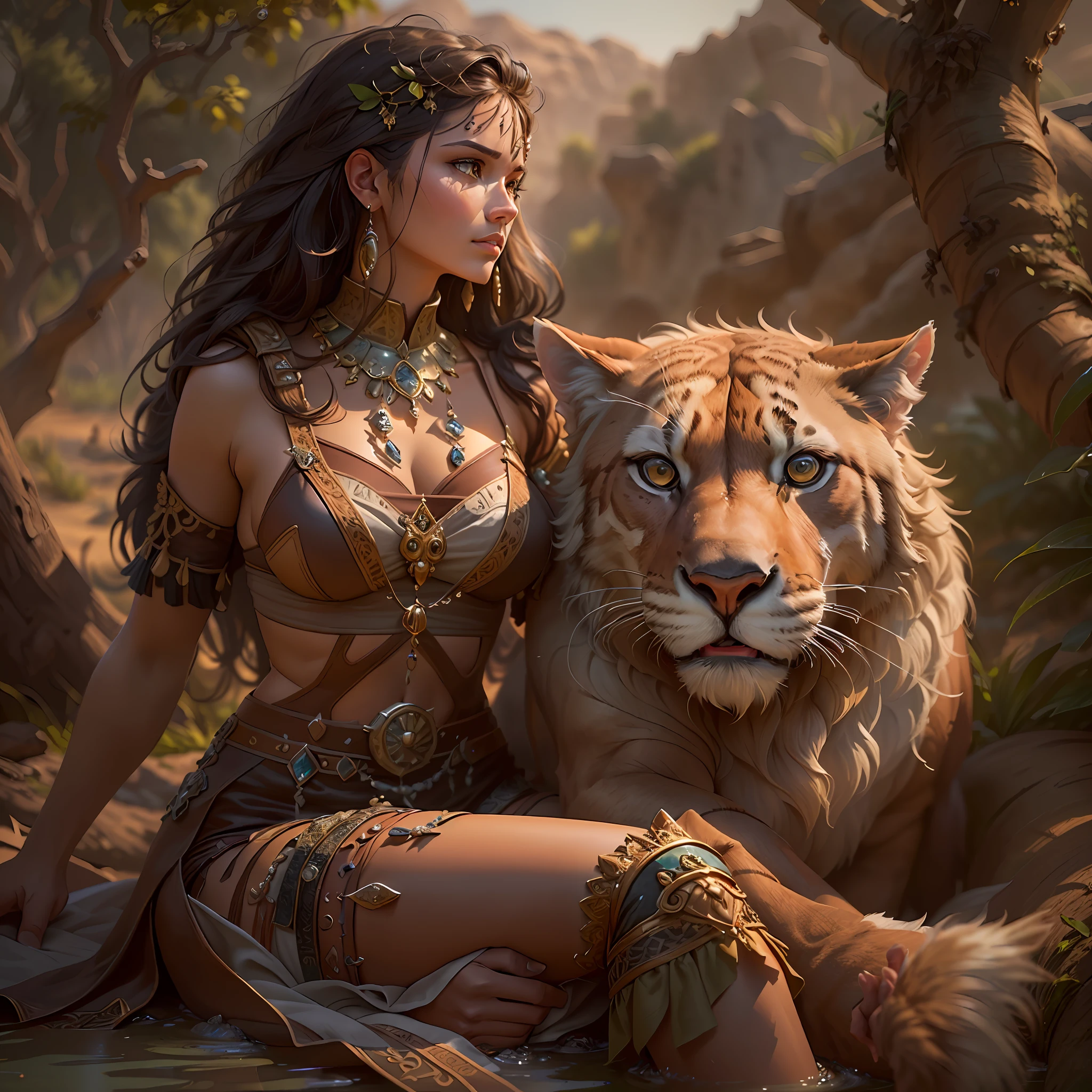 high details, best quality, 8k, [ultra detailed], masterpiece, best quality, (extremely detailed), dynamic angle, ultra wide shot, RAW, photorealistic, fantasy art, dnd art, rpg art, realistic art, a wide angle picture of a female human druid and her pet cougar, priest of nature, cleric of nature, full body, [[anatomically correct]]. dynamic position (1.5 intricate details, Masterpiece, best quality) talking to a desert cougar (1.6 intricate details, Masterpiece, best quality) in desert (1.5 intricate details, Masterpiece, best quality), a female  wearing leather clothes (1.4 intricate details, Masterpiece, best quality), leather boots, thick hair, long hair, brown hair, tan skin intense brown eyes, desert background (intense details), a stream flowing in an oasis (1.4 intricate details, Masterpiece, best quality), night, moon light, stars (1.4 intricate details, Masterpiece, best quality), dynamic angle, (1.4 intricate details, Masterpiece, best quality) 3D rendering, high details, best quality, highres, ultra wide angle