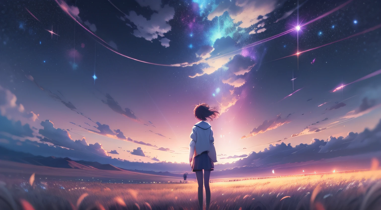 /imagine prompt: A slender young person standing on a vast open field, with a gentle breeze blowing through their hair. They look up at the sky, filled with confidence and hope. The sky is filled with sparkling stars and colorful lights, as if it's a wonderful world of new cognition, by Makoto Shinkai --niji 5