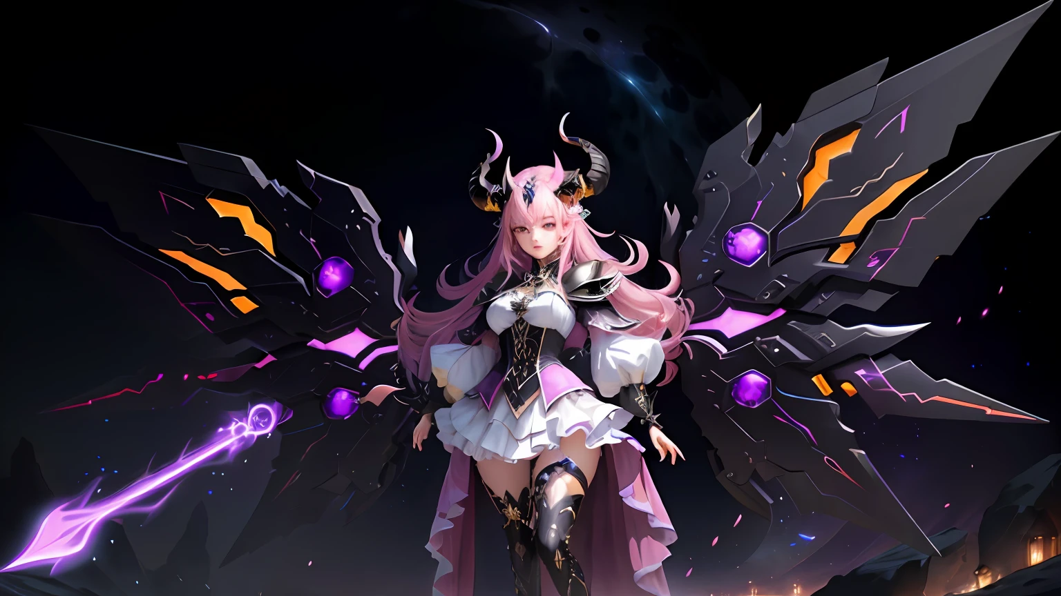 Anime character with horns and a heavy cybe parapet in the colors white dark pink standing in front of a full moon, moon clothes, fantasy outfit, in-game render, astral witch clothes, highly detailed full body, anime very detailed, clear outfit design, hair color white dark pink, 8k octae render photo, Beautiful celestial demonin with large black cyborg wings on both sides Open both eyes Detailed face High resolution face 8 K