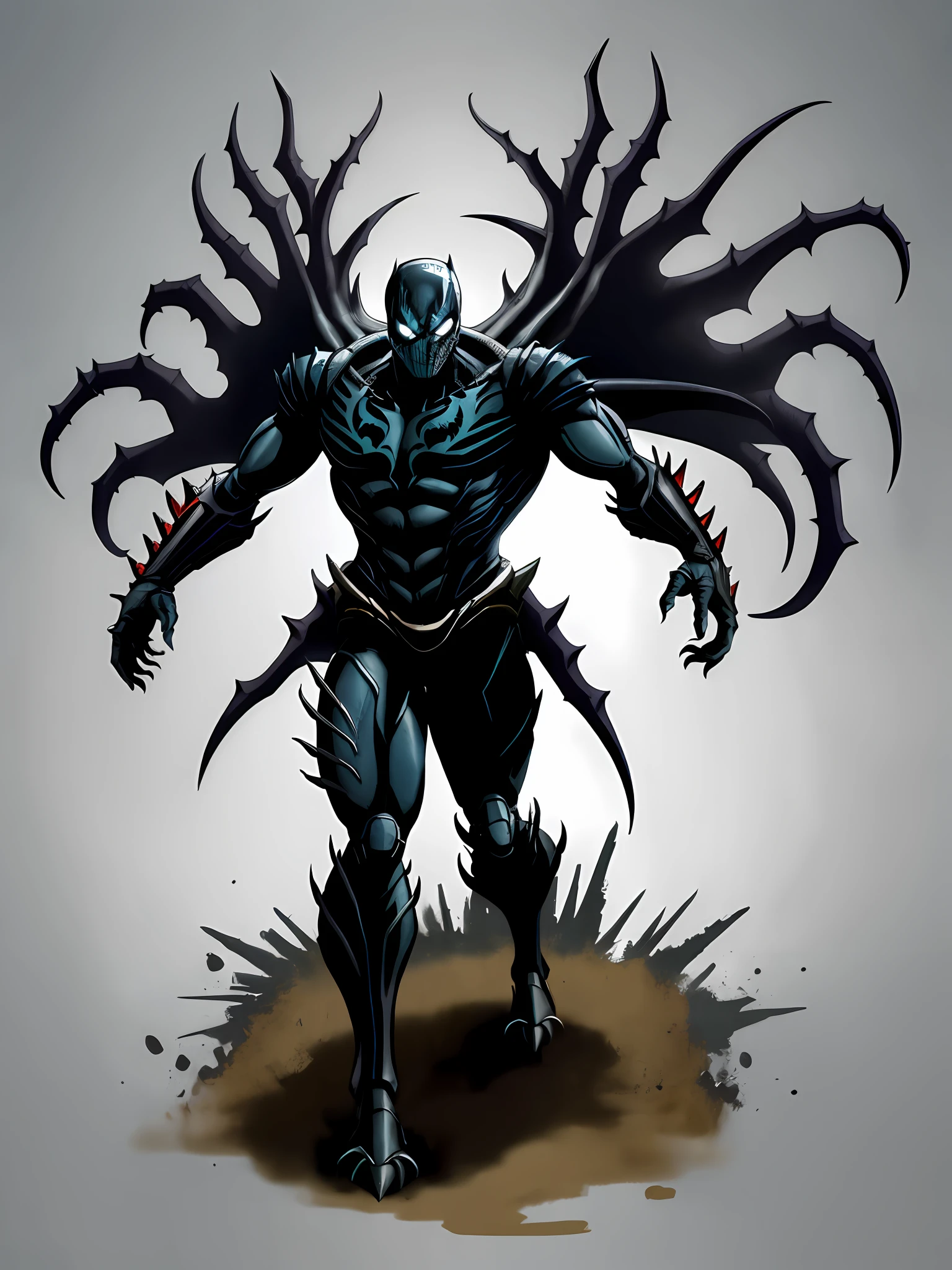 batman with a black costume and a blue mask standing in a field, symbiote, venom symbiote, venomized, dark supervillain, guyver dark hero, venom, guyver style, venom costume, mix of venom and cthulhu, cyborg satan, menacing pose, tor from marvel, joe gb fenton, villain pose, guyver, humanoid form