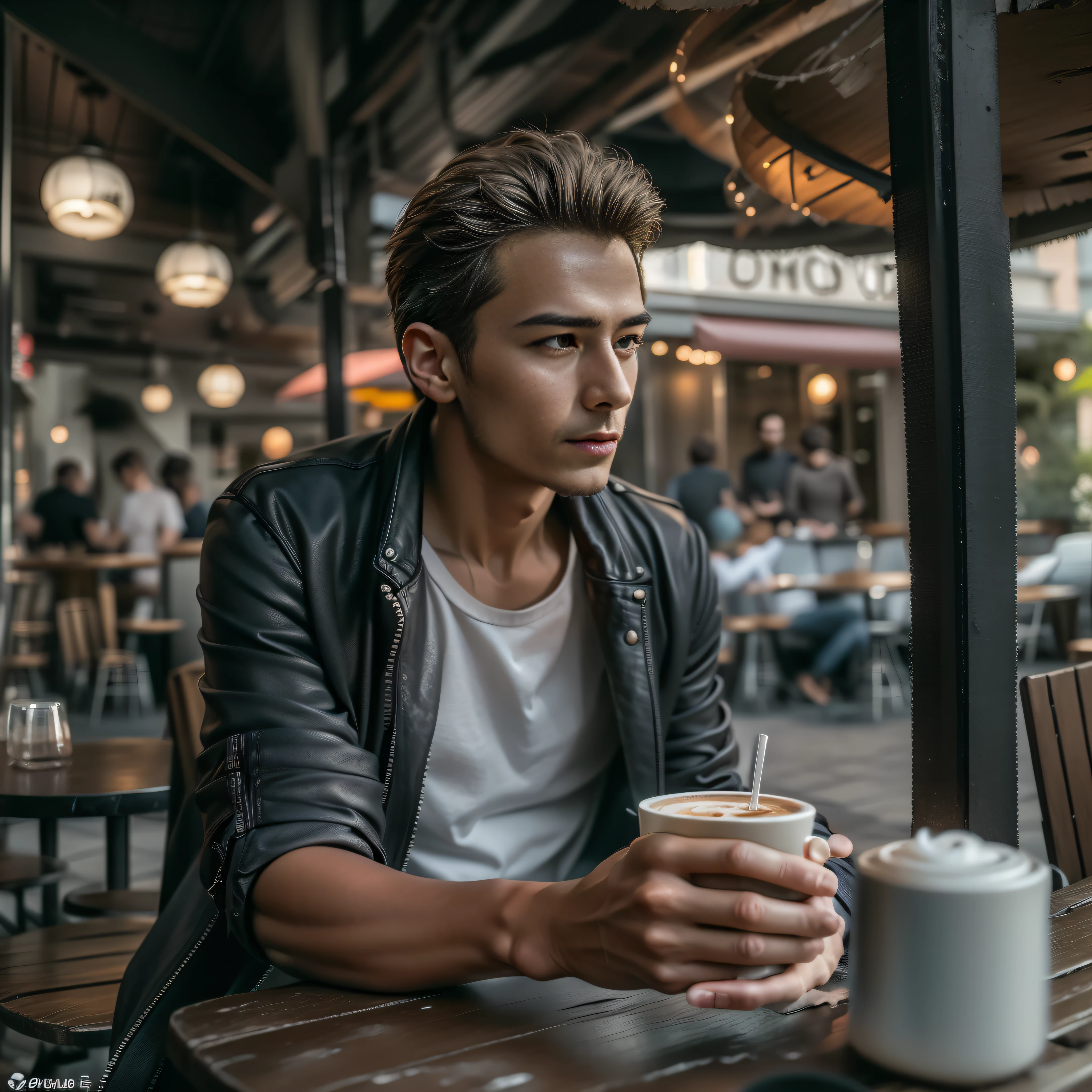 (8K,RAW photos,best qualtiy,tmasterpiece:1.2),(realisticlying,photograph realistic:1.37),of a guy,In a street café,drinking a coffee