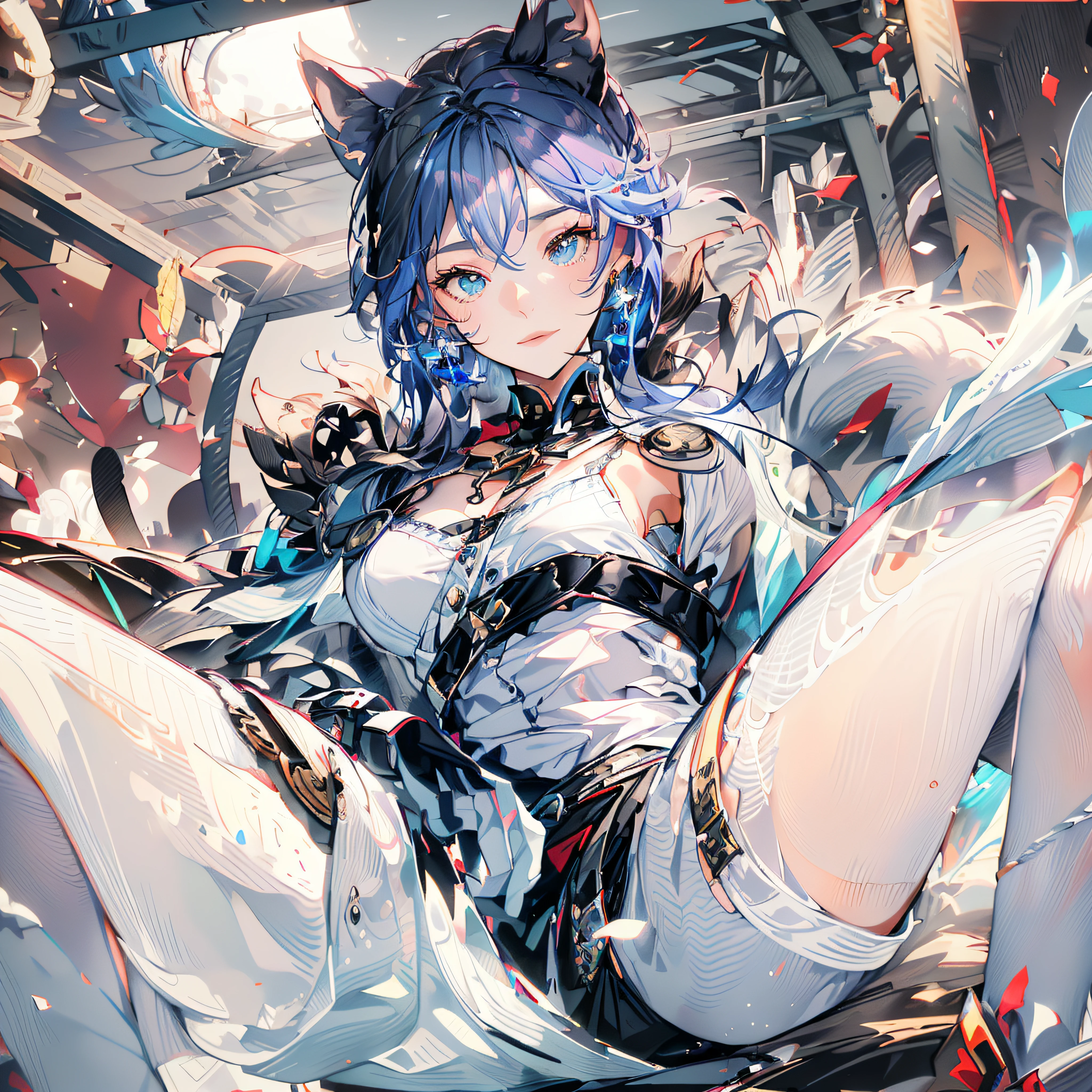 8K best quality,A beautiful girl with blue hair!Hair that is over-the-shoulder,Big sapphire eyes,Snow-white fluffy long eyelashes,Apple-like little face,Cherry-like little lips,Puff blush,A dazzling heart-shaped necklace hangs from his chest,Wear delicate and small earrings on both ears,Both hands wear ordinary and elegant bracelets。A brown coat draped over the shoulders,(Sitting on a park bench,Behind him are freshly trimmed flowers and plants)Wearing a snow-white shirt,The buttons of the shirt are opened 2,Leaking of breathtaking cleavage。Black shiny transparent over-the-knee socks,Black gorgeous hip skirt,Dotted with her snowflake thighs,She stretched her legs,Take off your high heels with one hand,One hand holds his chin and looks ahead。Anime best light,Best shadows for anime,Animated movie lighting,Game CG characters