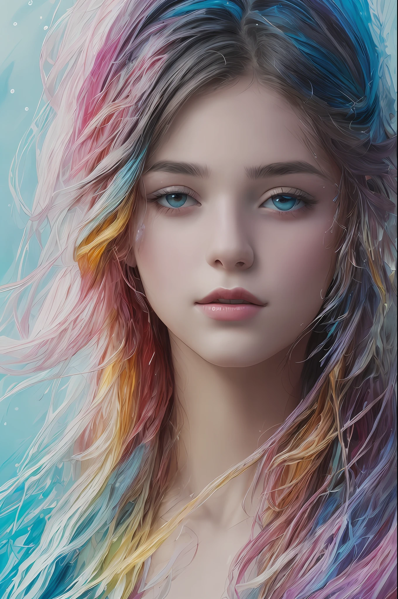 Colorful beautiful girl: a giru 8-, messy hair, oil painting, nice perfect face with soft skinice perfect face, blue yellow colors, light purple and violet additions, light red additions, intricate detail, splash screen, 8k resolution, masterpiece, cute face,artstation digital painting smooth veryBlack ink flow: 8k resolution photorealistic masterpiece: intricately detailed fluid gouache painting: by Jean Baptiste Mongue: calligraphy: acrylic: watercolor art, professional photography, natural lighting, volumetric lighting maximalist photoillustration: by marton bobzert:, complex, elegant, expansive, fantastical, wavy hair, vibrant