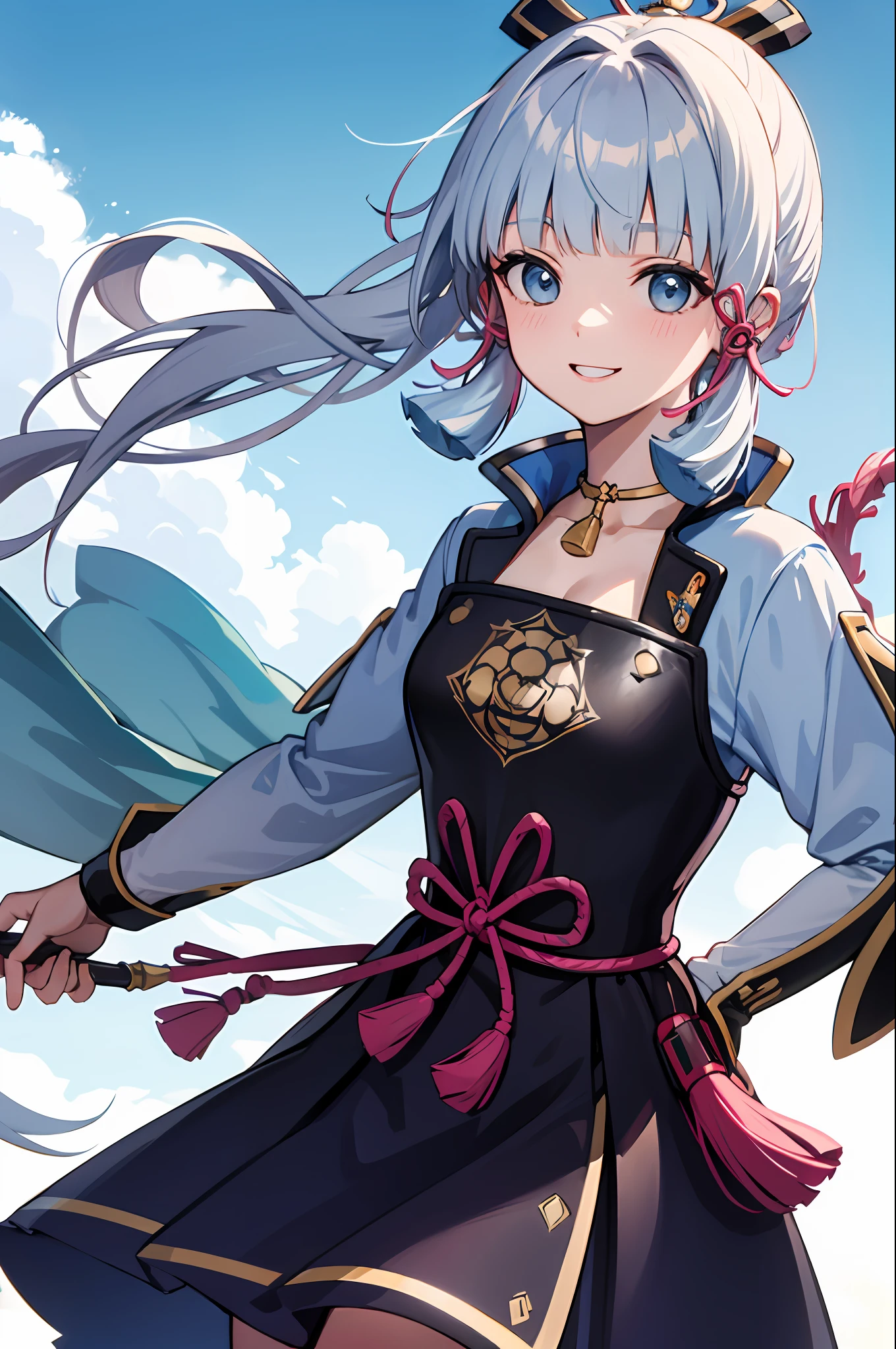 ayaka, garota cabelos azuis rabo de cavalo, roupa de dona de casa, sorrindo