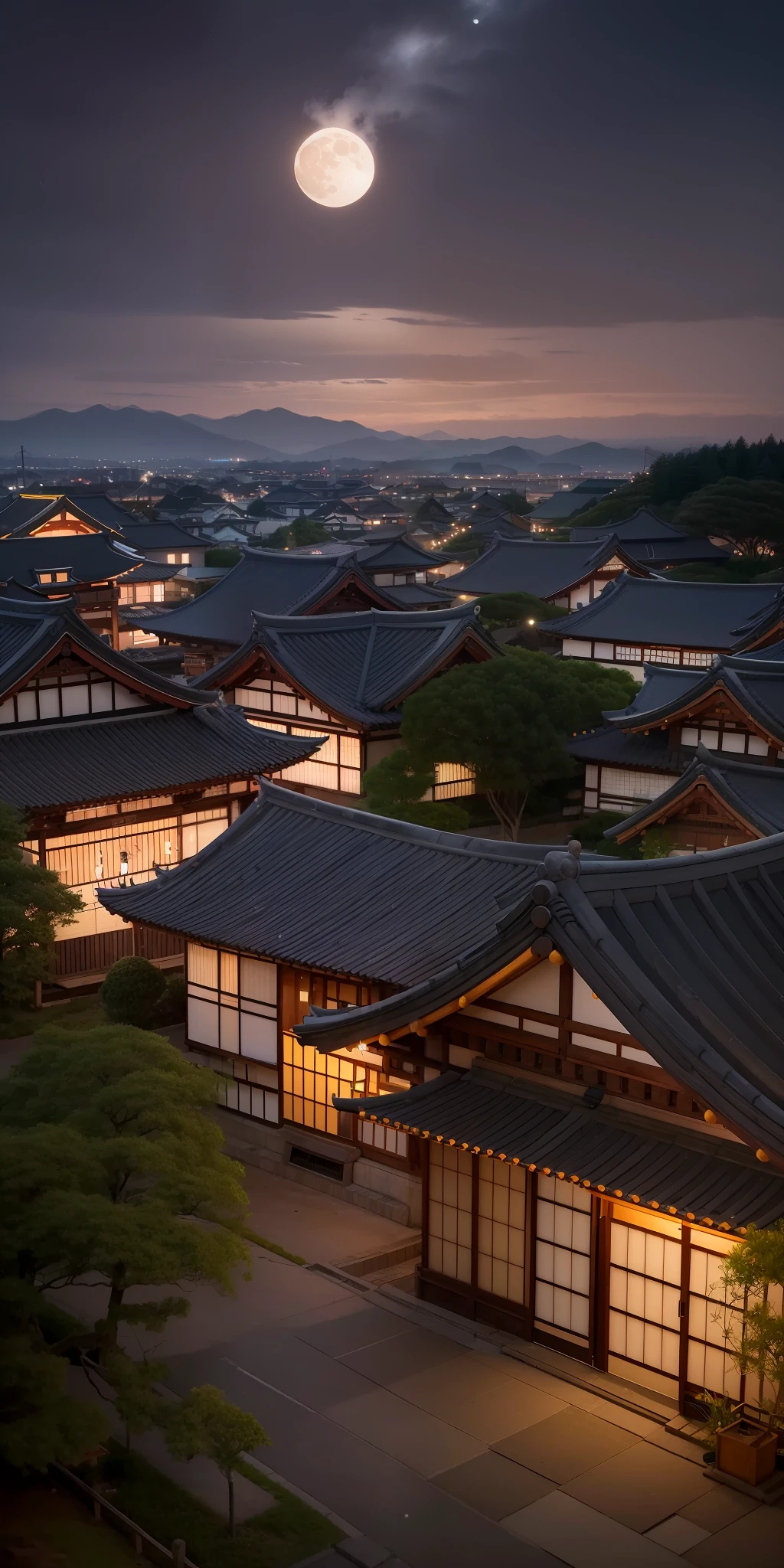 village with many lights, japanese village, japanese city, japanese village, hyper realistic photo of a city, Old Asian Village, Sunset, starrysky,a moon,starrysky,japanese ancient castle, beautifully lit buildings, At night, Beautiful and aesthetic, Photography, Cinematic, 8K, detaileds