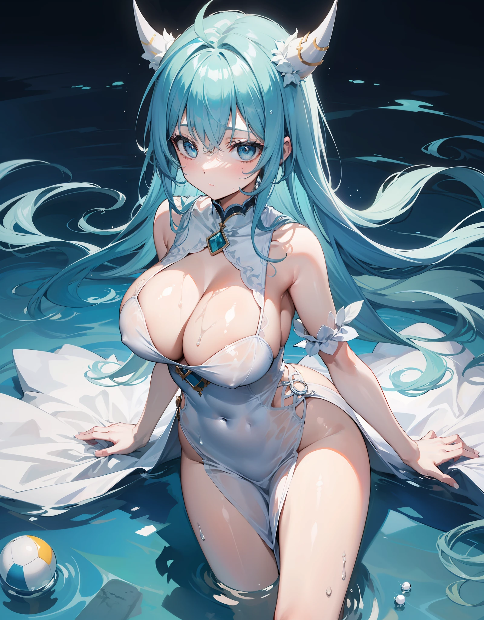 Young woman with light blue hair and white horns sticking out of the water in a long white ball dress all wet, Ela tem um corpo volumoso e os seios, breasts and bust are huge, ela tem um rosto macio delicado lindo e perfeito. Sentada nas escadas da catedral
