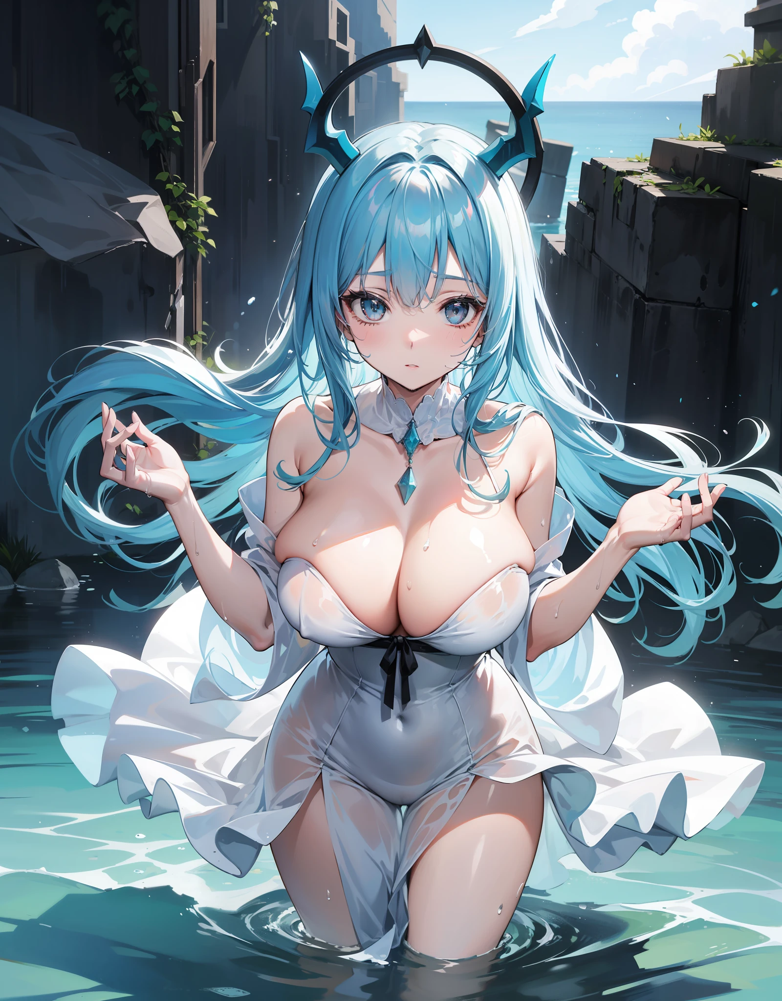 Young woman with light blue hair and white horns sticking out of the water in a long white ball dress all wet, Ela tem um corpo volumoso e os seios, breasts and bust are huge, ela tem um rosto macio delicado lindo e perfeito. Sentada nas escadas da catedral