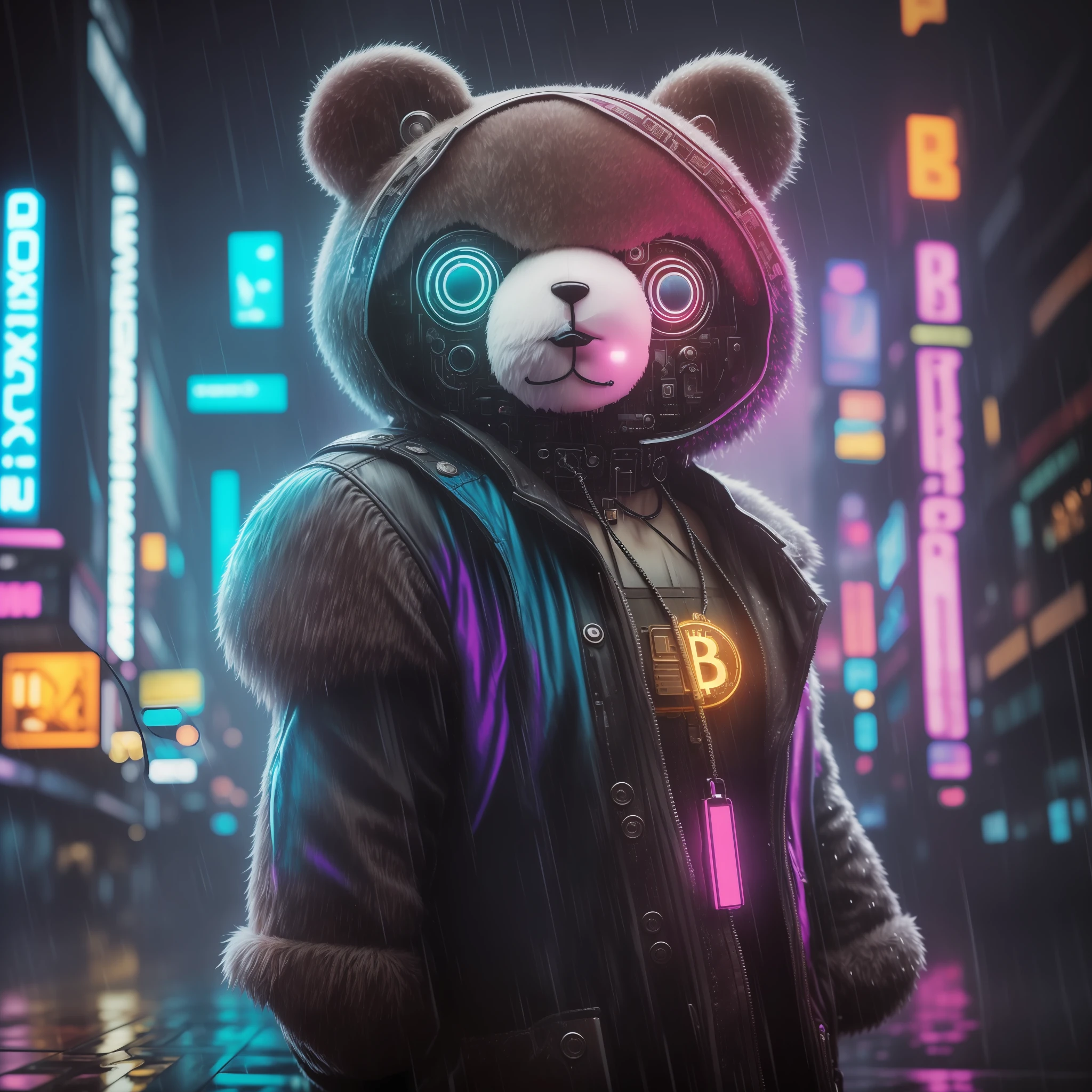 Create a breathtaking masterpiece with stunning effects, plush teddy, usando colar de bitcoin, wet, (cyberpunk:1.1), rain, epic realistic, rutkowski, hdr, intricate details, hyperdetailed, cinematic, rim light, muted colorsde --auto