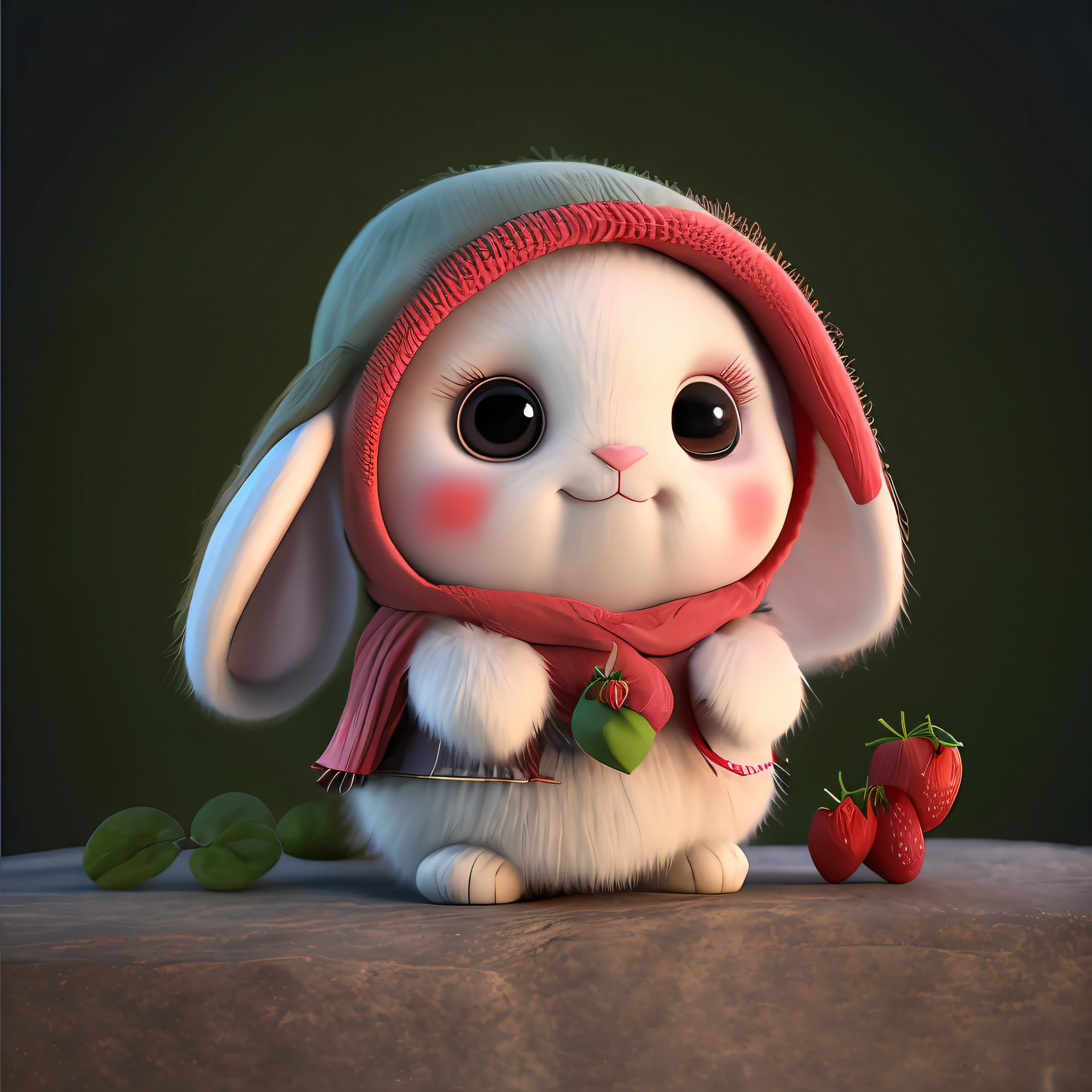 : 3. Rabbit, realistic, hairy, clothed animal, apple, dark circles, blush, cherry, food, fruit, full body, hat, non-human, strawberry, tomato, watermelon