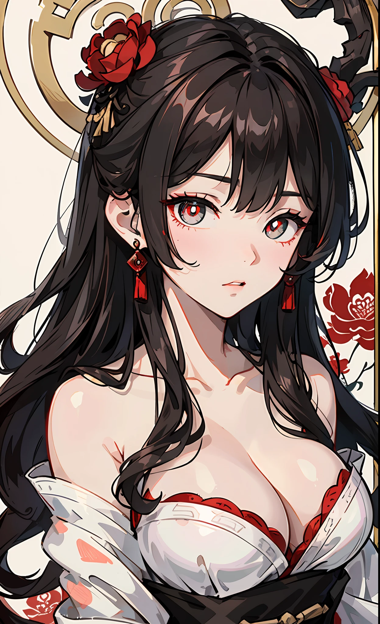 A MILF、A dark-haired、floting hair、Delicat eyes、red pupils、cleavage of the breast、Futomo、white panty、heroine、black and red antique damask Hanfu、FOV、f1.8、masterpiece、complex scenes、Gorgeous portrait shots