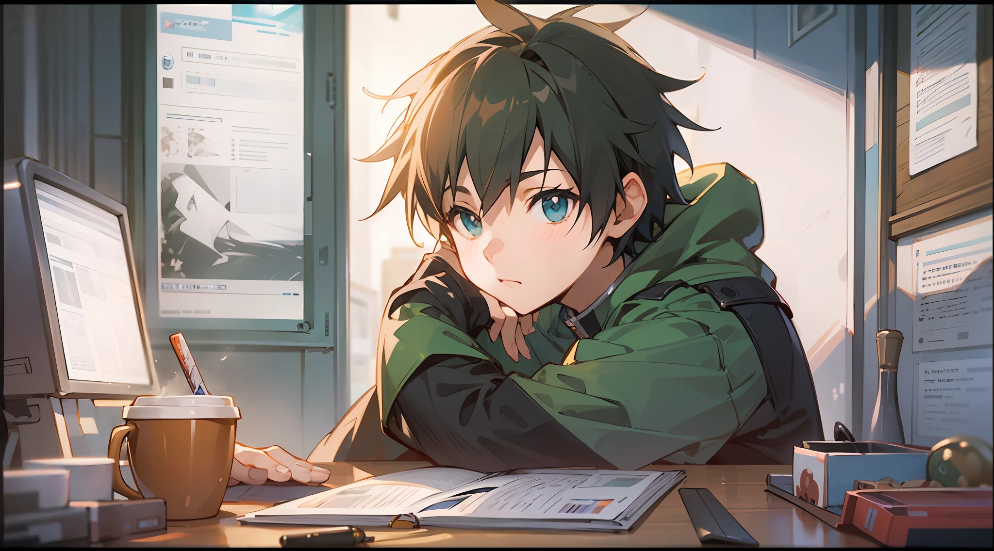 anime boy sitting at a desk with a computer and a cup of coffee, anime art wallpaper 8 k, 4k anime wallpaper, smooth anime cg art, digital anime illustration, makoto shinkai. digital render, anime style 4 k, anime art wallpaper 4k, anime art wallpaper 4 k, anime wallpaper 4k, anime wallpaper 4 k, anime. soft lighting