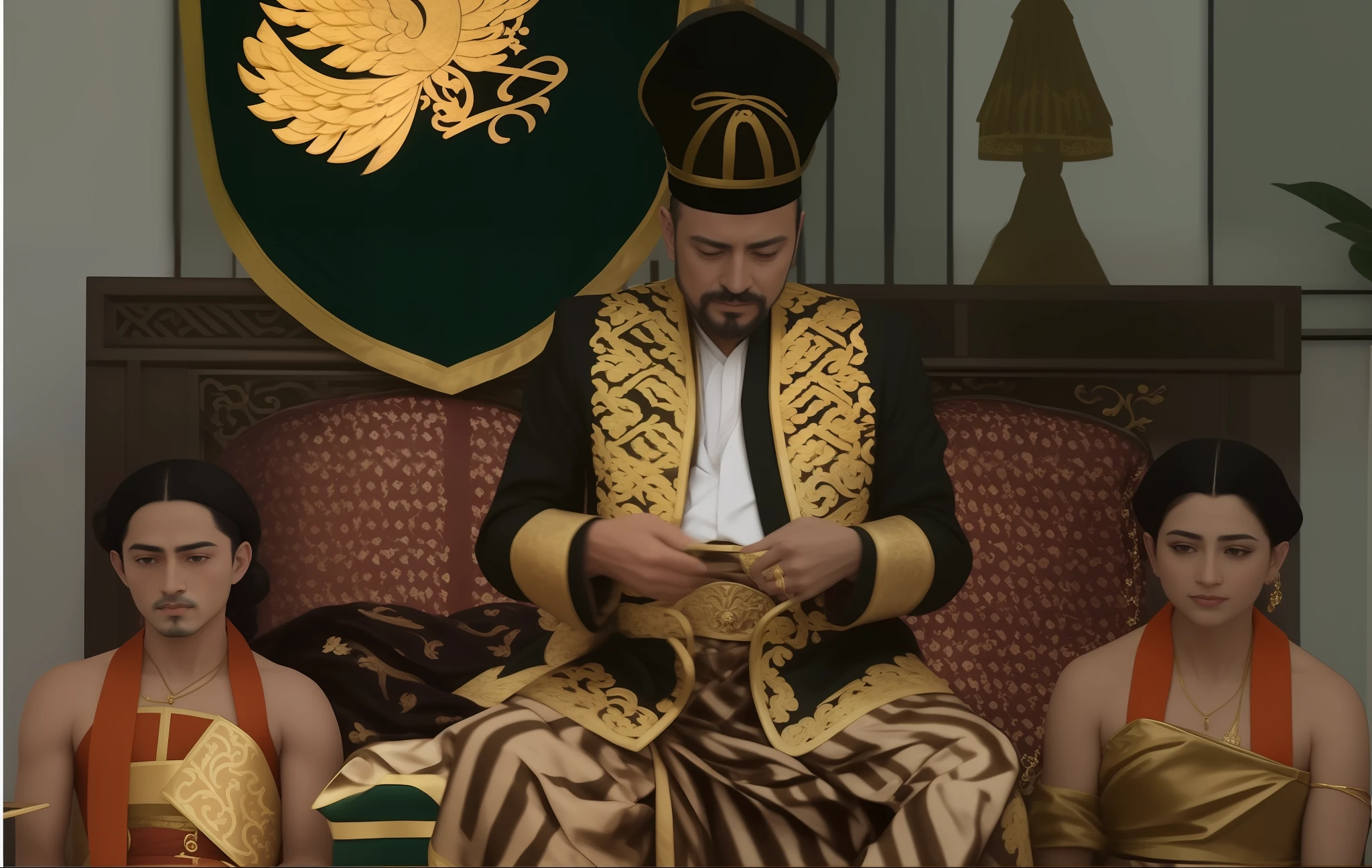 there are three people sitting on a bed with a green and gold coat, ottoman sultan, ornate attire, royal attire, inspired by Osman Hamdi Bey, video still, seated in royal ease, wearing a royal robe, ornate royal robes, emir, inspired by Altoon Sultan, wearing long royal robe, raden saleh, inspired by Edo Murtić, sultan