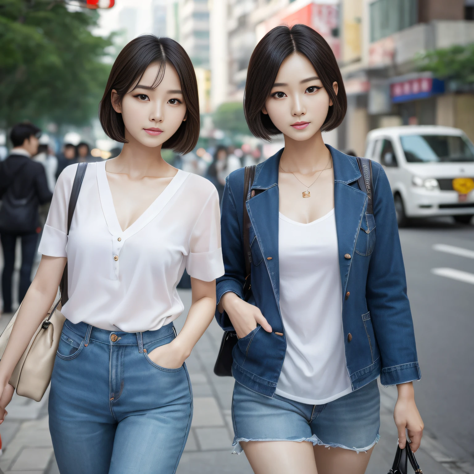 On the street yes,gorgeous korean young woman,beautiful Korean women,Beautiful Korean young woman,Korean girls,Beautiful Asian Girls,gorgeous chinese models,Korean woman,Cute and delicate face,ulzzangs,Beautiful girl model,Korean female fashion model,Beautiful asian woman,Young and cute Korean face,Short hair and glare,Best quality, 超高分辨率, (Photorealistic:1.4), Ultra detailed, Masterpiece, (8K, RAW photo, Best quality , :1.2),Delicate face,Delicate figure,high high quality,Real human skin ,Realistic Facial Expression ,Huge, voluminous