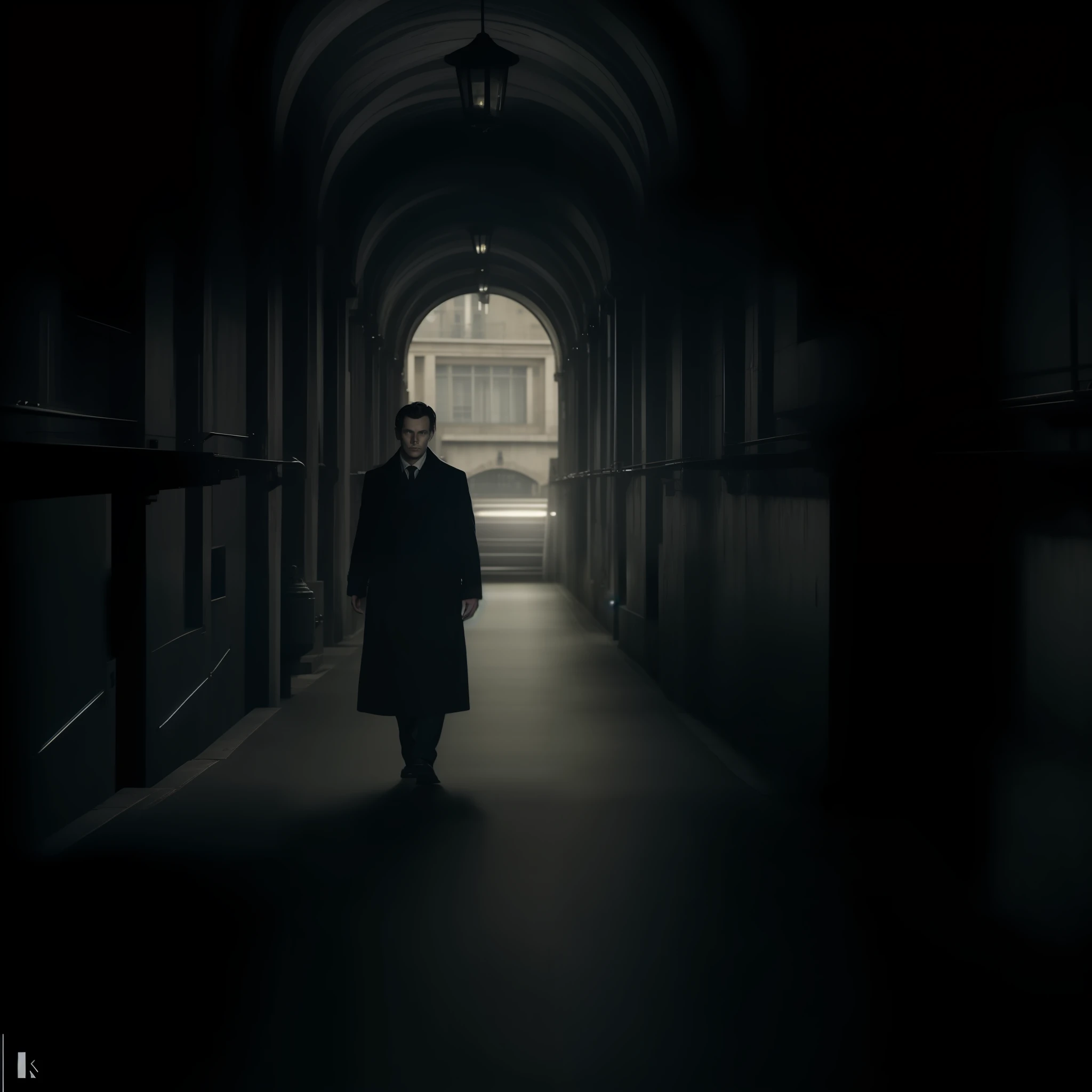 longe distance shot. A man in an overcoat, near the exit of a tunnel, daylight crossing him, in the background a walkway and European-style buildings, a dark and lonely place. dark ambiance. 4k cinematic, dark cinematic shot, cinematic photography, cinematic image of film, 4k cinematic wallpaper.