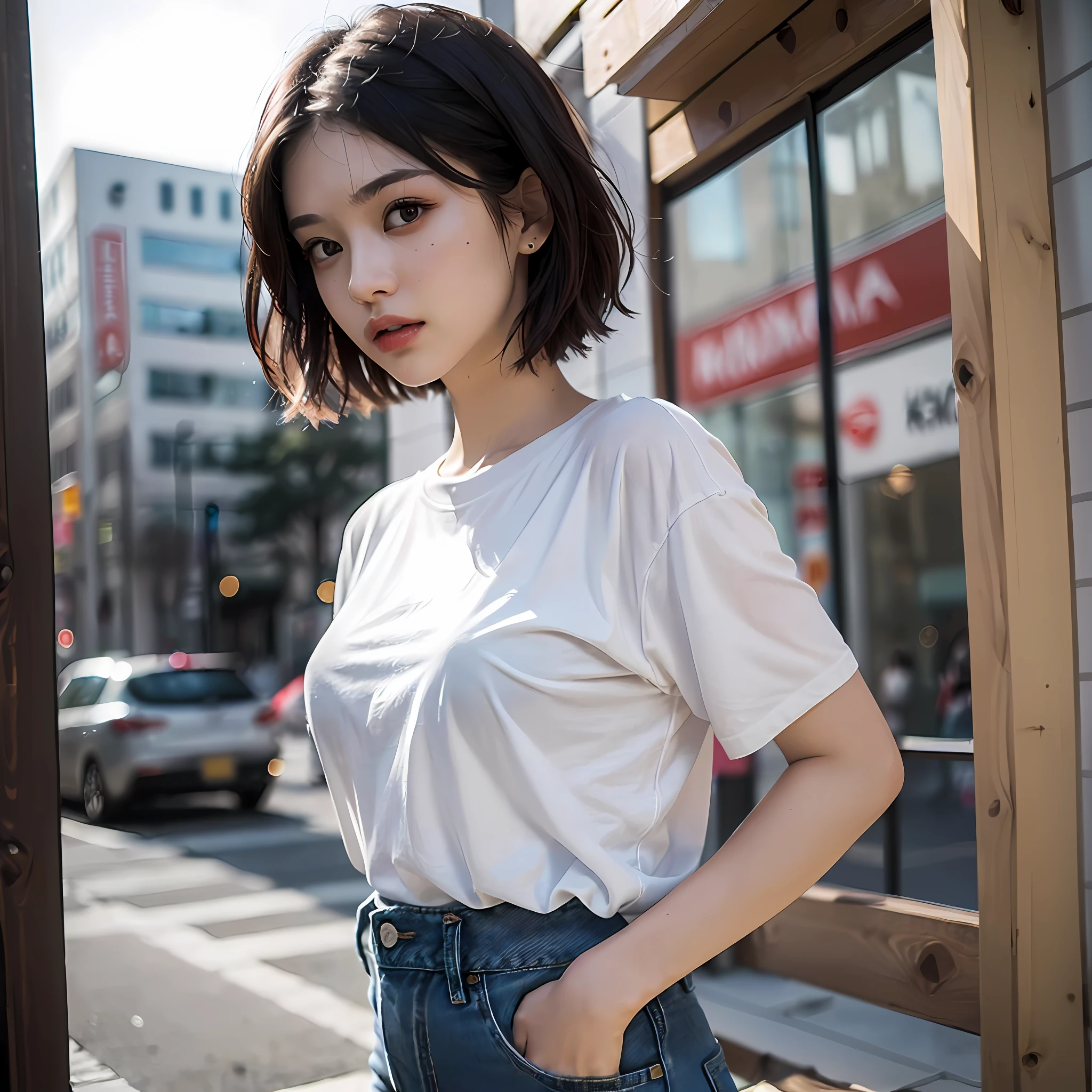 (8K、top-quality、masterpiece:1.2)、(realisitic、Photorealsitic:1.37)、ultra-detailliert、a handsome female、neuter、Oversized plain white t-shirt、Oversized jeans、Put the t-shirt inside your jeans、short hair、adult lady、raw skin、Cool face、Highly detailed female photos、