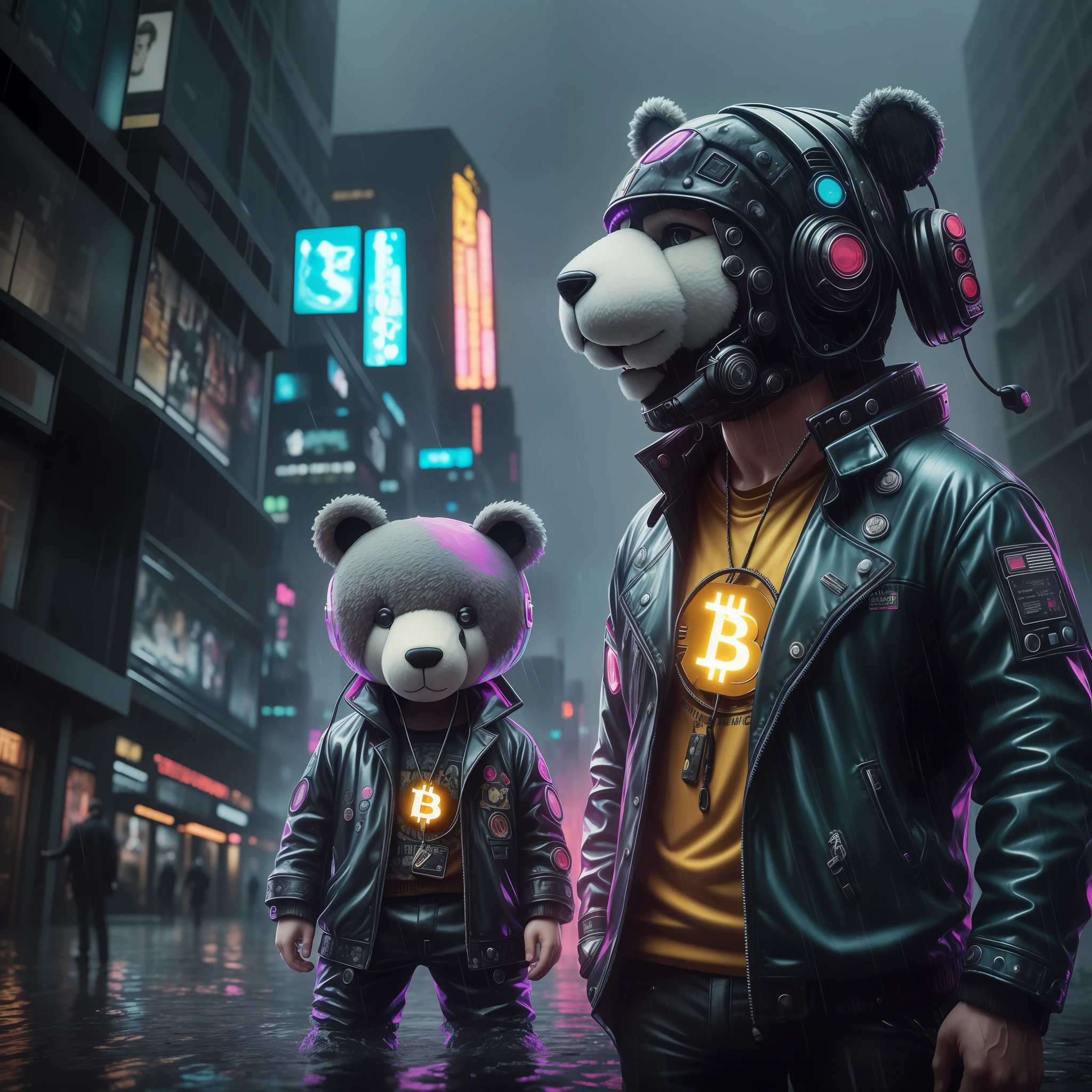 Create a breathtaking masterpiece with stunning effects, plush teddy, usando colar de bitcoin, wet, (cyberpunk:1.1), rain, epic realistic, rutkowski, hdr, intricate details, hyperdetailed, cinematic, rim light, muted colorsde