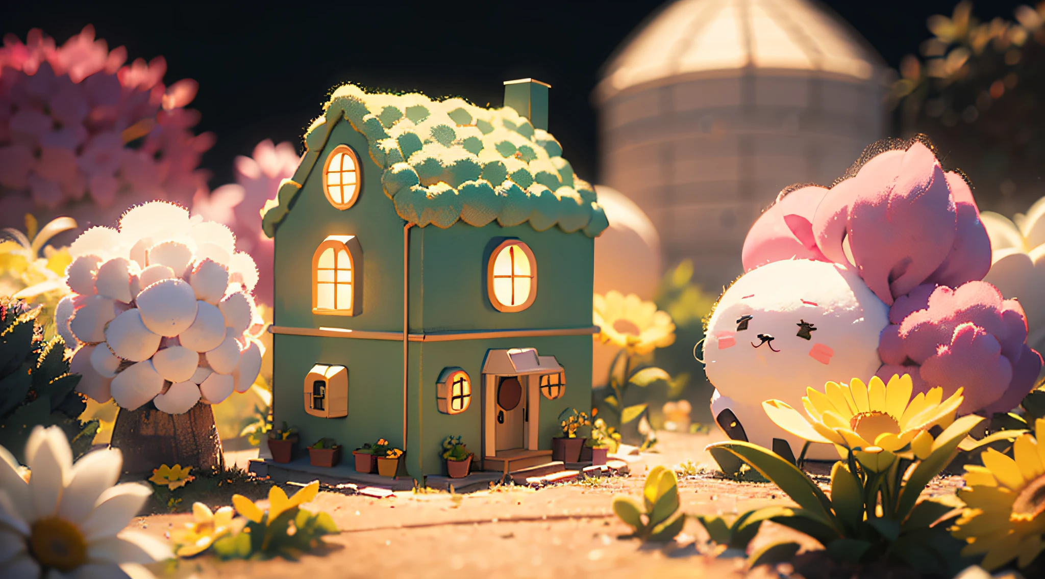 cute world of wool felt, wool knitted fabric, cartoon, some small houses, farms, barracks, warehouses, flower houses, super cute, superb lighting, volumetrics, by Jon Klassen, Ghibli Studio style, Tilt - shift, 80mm lens, Large aperture, 3d, blender, masterpiece, super detail, best quality, --v6