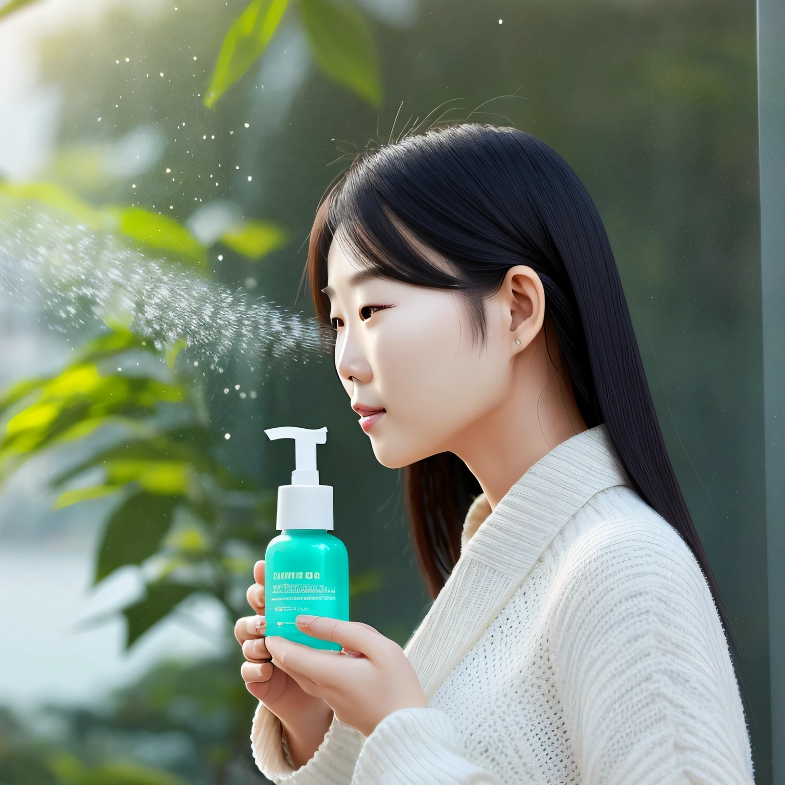 An Asian woman of about 35 years old,Get up early in the morning,Holding a bottle of moisturizing spray is spraying his face。Background with window,Faint sunlight shone through,There were curtains fluttering。The style is relatively fresh,Green and blue tones predominate。Female characters have off-white skin,The texture is more realistic。 --auto