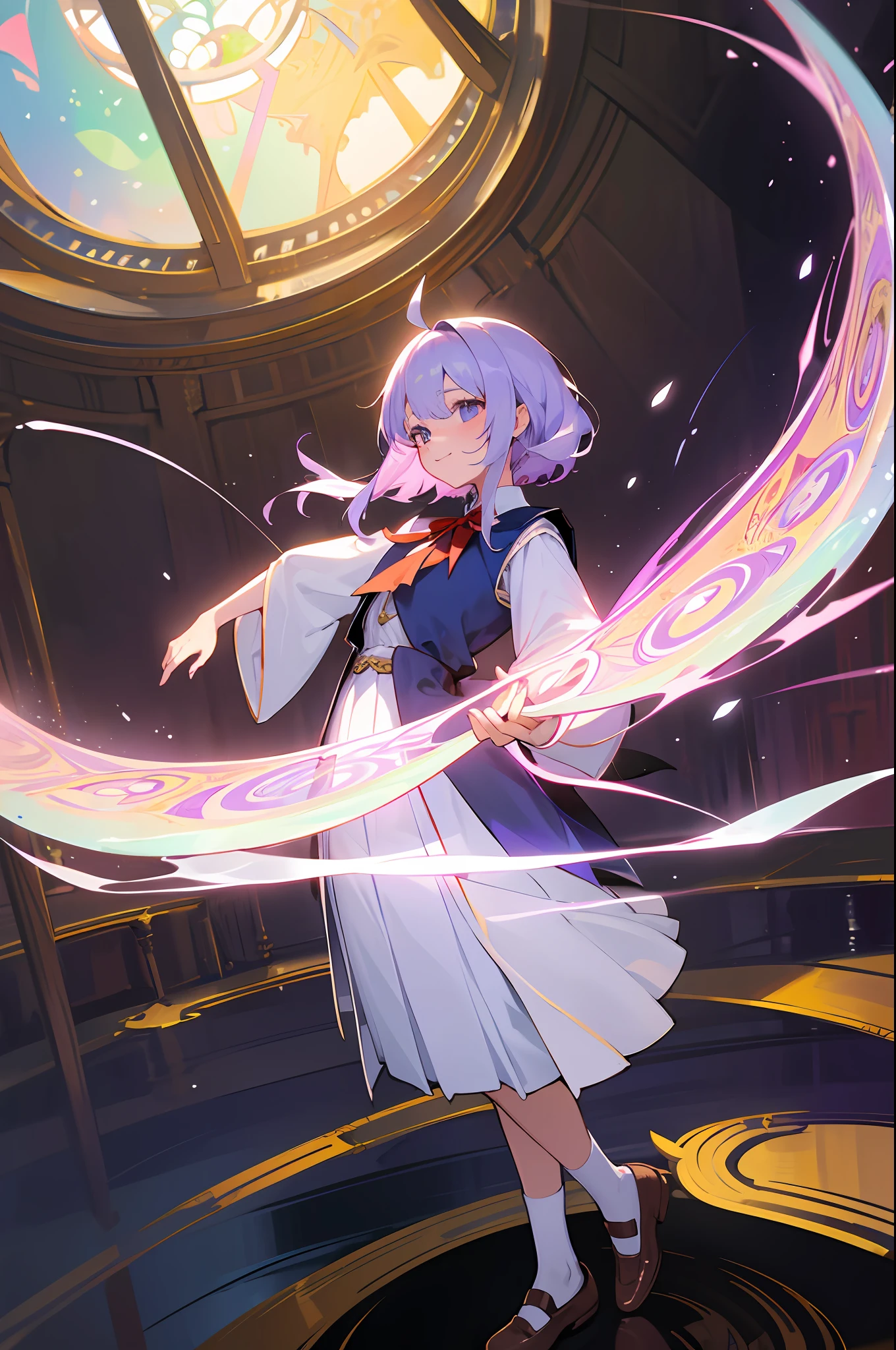 masterpiece, top-quality, 1 girl in、Students of the Magic School、short velvet robe、White Classy Shirt、Plaid pleated skirt、Red ribbons、White High Socks、Leather shoes、Height 120 cm、12year old、Light purple hair、Cute smile、beautiful countenance、beautidful eyes、Slim body、((small tits))、magic circles、full body Esbian、magic school、Fantasia、in isekai、Medieval Europe、FULL BODYSHOT、Dynamic angles、Harry Potter、pixie、Leprechaun、altar、
