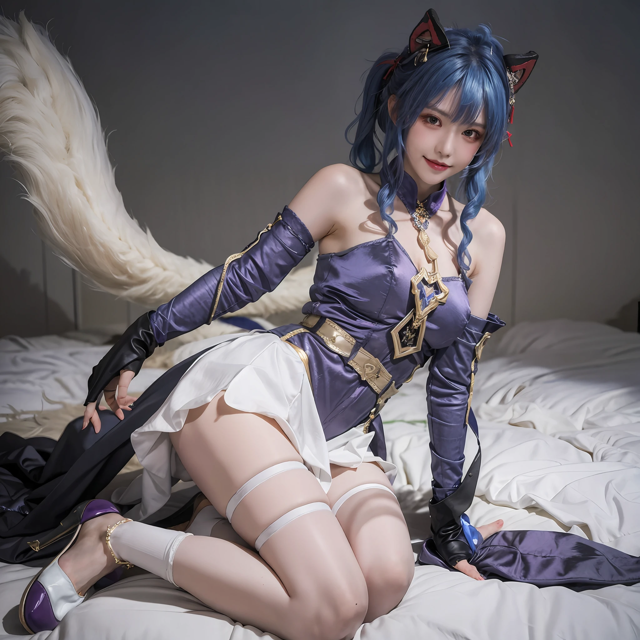 Masterpiece, Best quality,1girll, Solo, Ganyu (Genshin Impact), Horns, Long hair, Blue hair, Breasts, mitts, White background, Detached sleeves, view the viewer, ahoge, Bare shoulders, bell, Black gloves, Kneeling, High heels, bangs, full body, Medium breasts, Simple background, goat horn, Smile, Pantyhose, White footwear, parted lip, Low ponytail, Purple eyes,kbxll