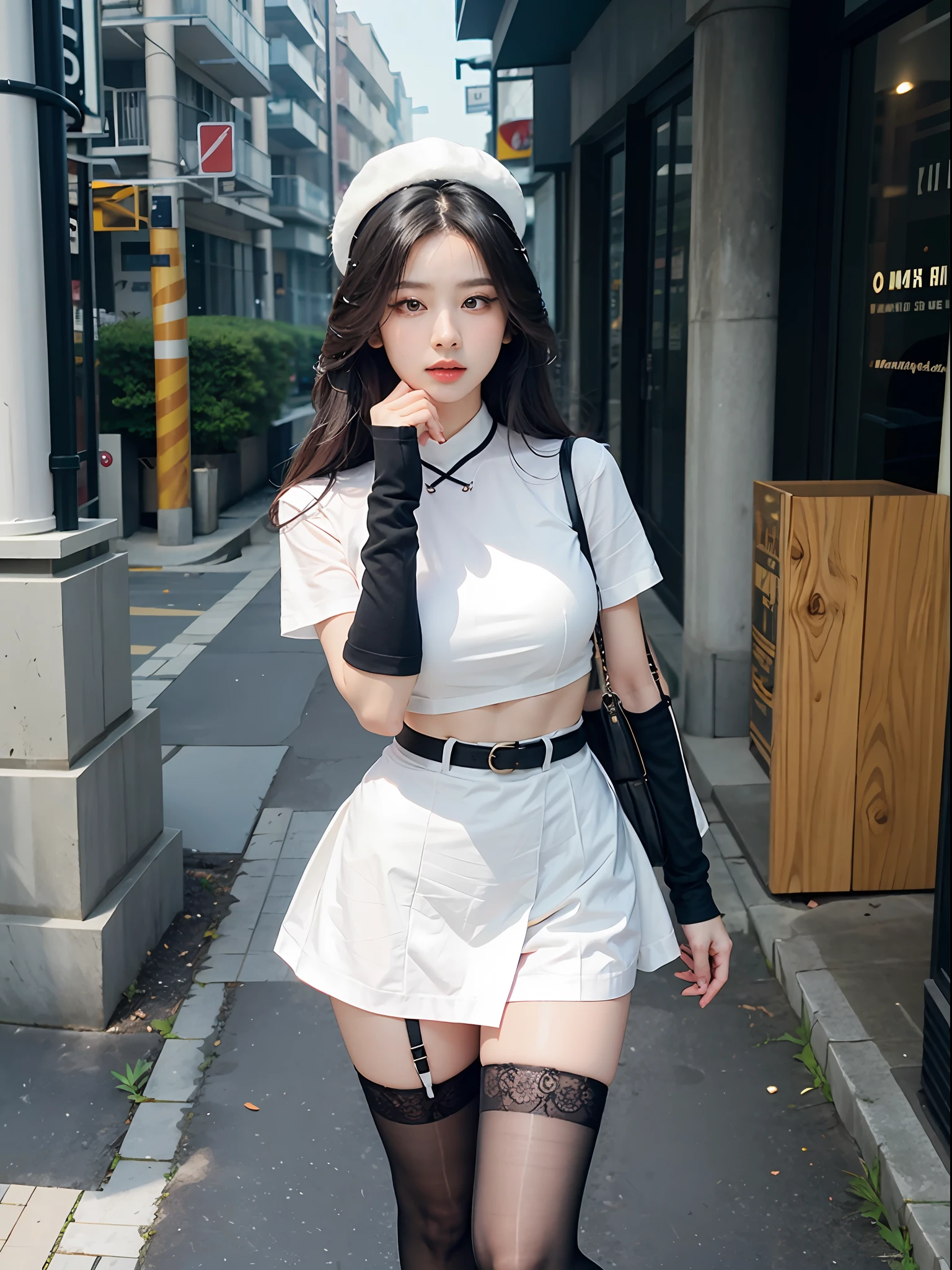white clothes,Skirt that wraps hips,black lence stockings,high-heels,Amazing lighting,cinmatic lighting,the street,(best qualtiy, tmasterpiece:1.4), hoang lap,Ultra-detailed CG 8K, high detal, beauitful face, 详细的脸, 1girll,are standing,, shades, shiny skins, tilt of the head, Stand still, blooms, light particules, depth of fields,