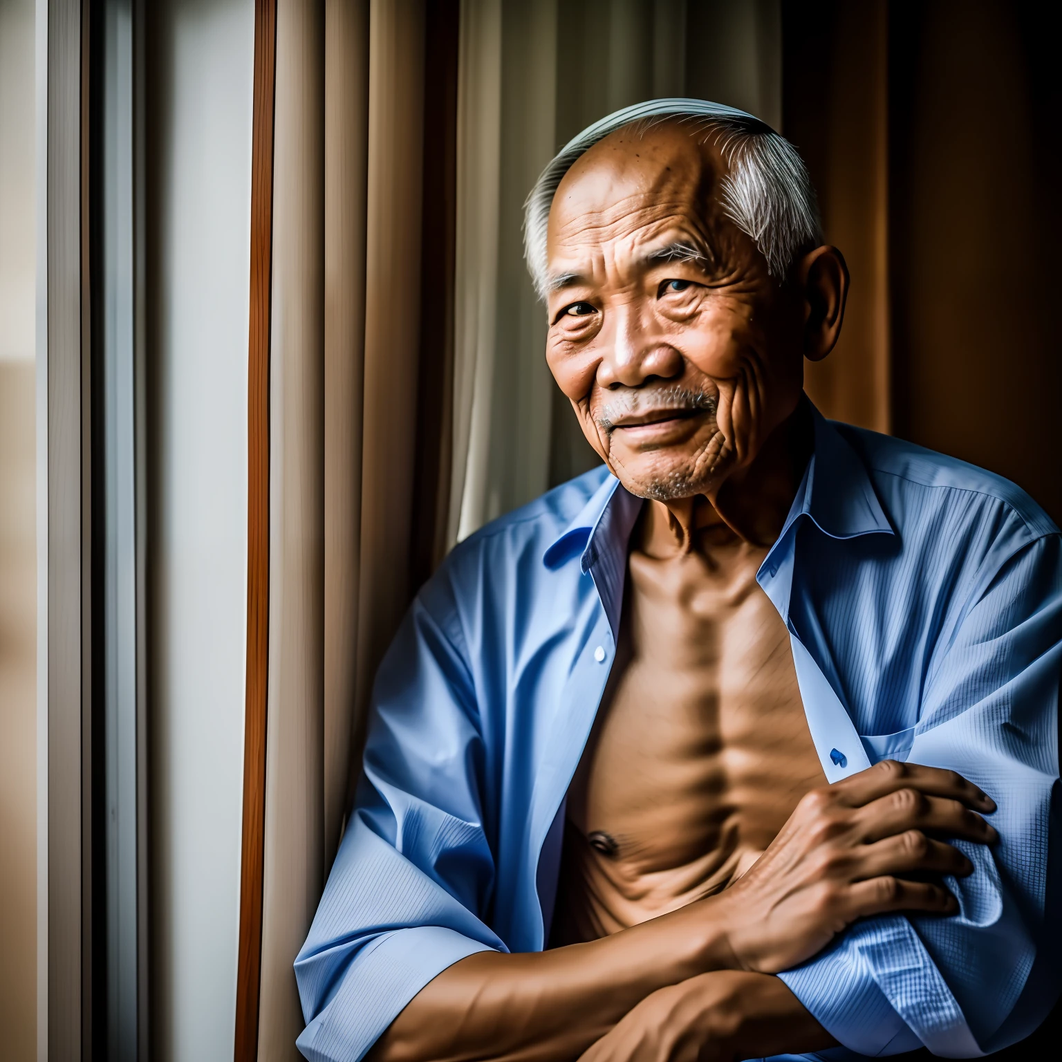 RAW photo, an old man Vietnamese near window, half body shot, 8k uhd, dslr, soft lighting, high quality