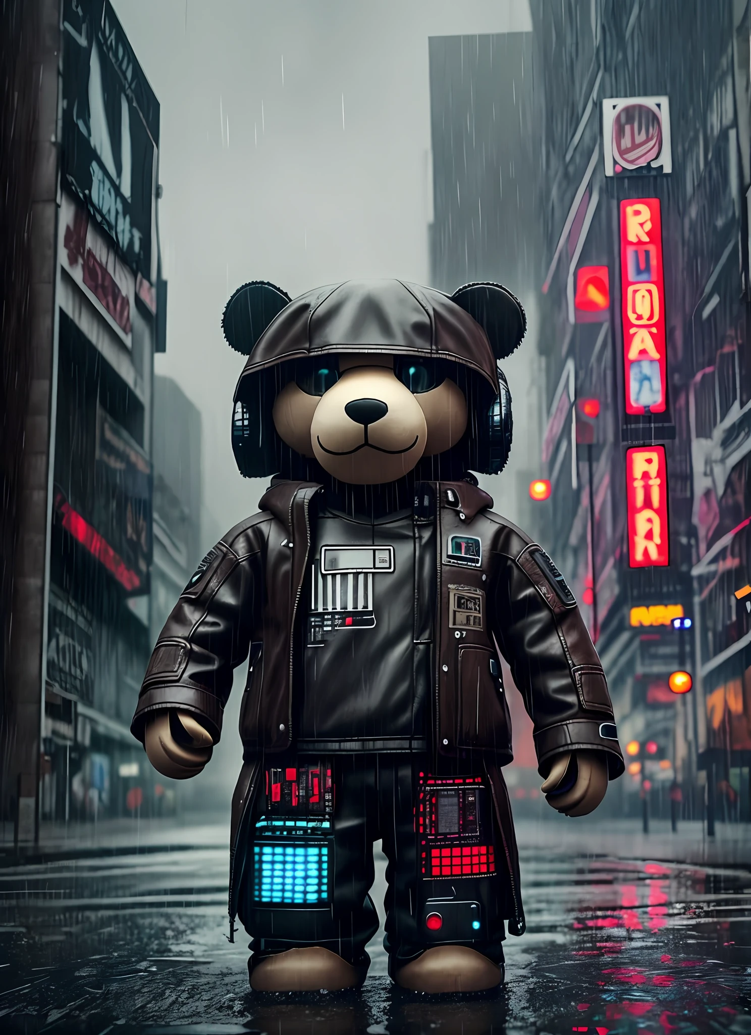 teddy bear, molhado, (cyberpunk: 1.1), chuva, epic realistic, usando colar de bitcoin, rutkowski, hdr, detalhes intrincados, hiperdetalhado, cinemactic, luz de aro, cores suaves