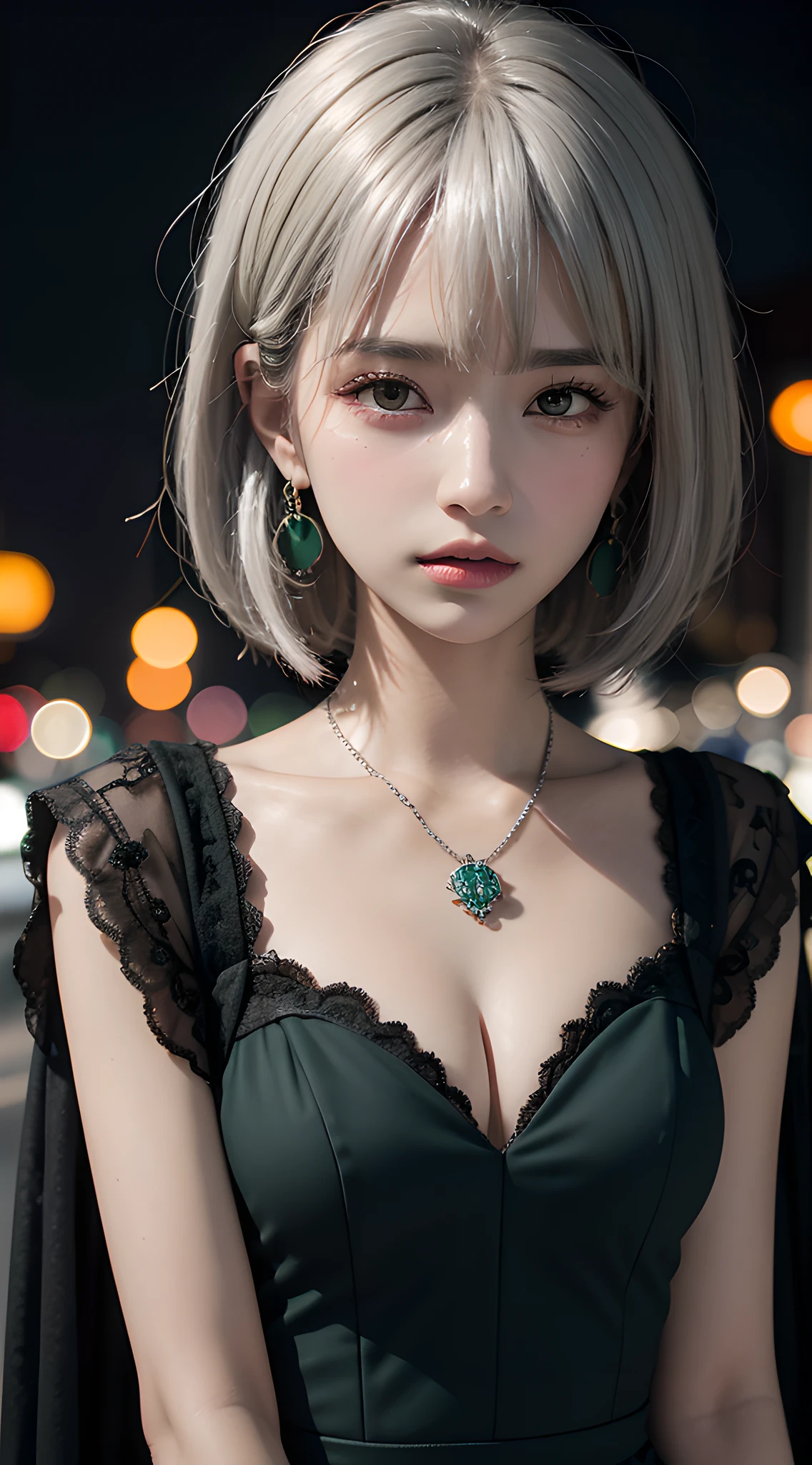 (masterpiece, best quality:1.5), night, dark theme, (platinum hair, upper body, looking at viewer, dark green dress:1.3), candid pose, earrings, necklace, (violaceaess, gardeniass, delicate girl, 8k, 85mm portrait, official art, raw photo, absurdres, short sleeve, cinch waist:0.8), sophisticated, (facelight, clear lighting, sharp focus:0.8), redish pink lips, bokeh background, detailed eyes and face, close up face