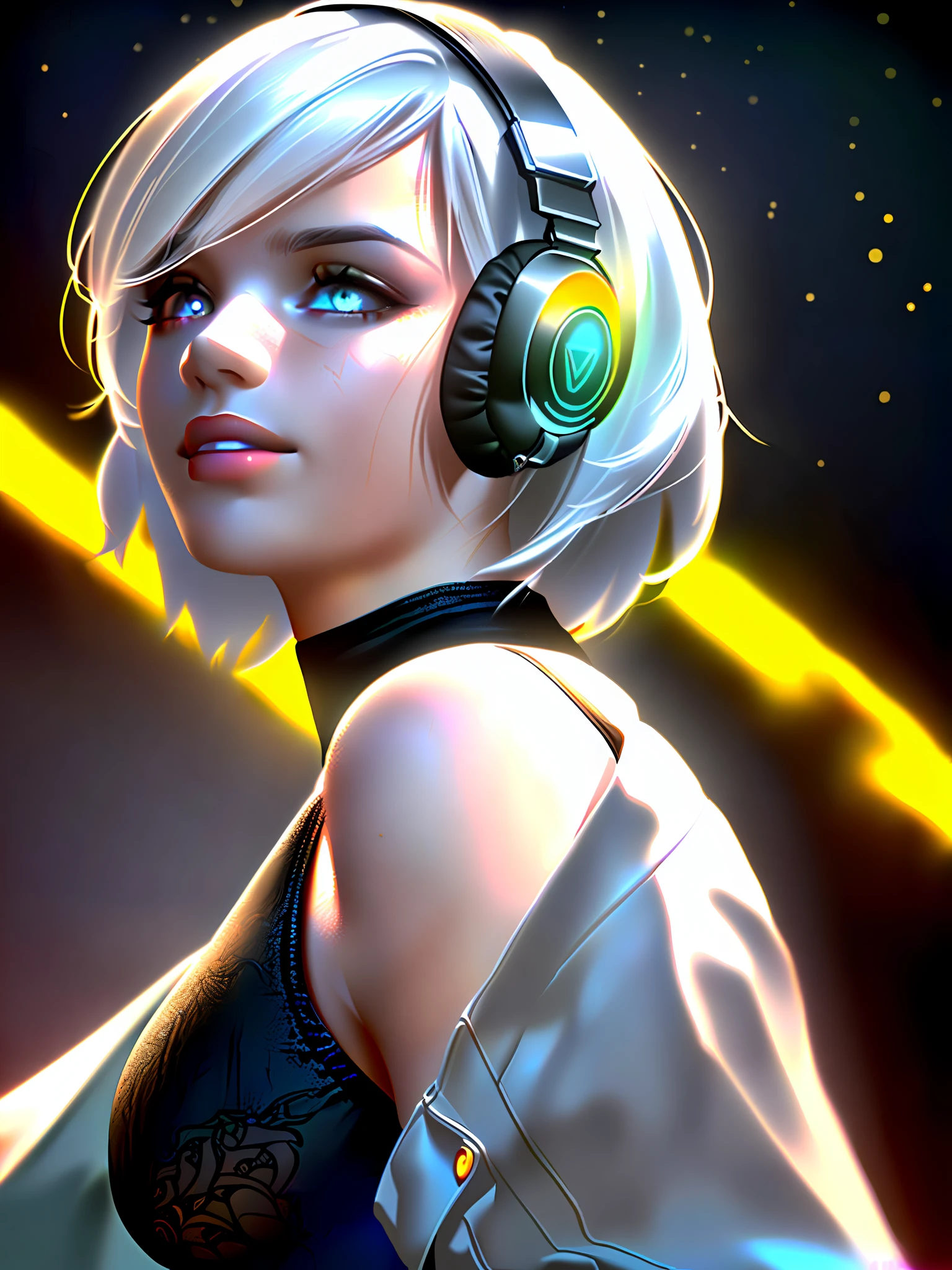 (On the moon, space, looking back into earth), White hair, Black tank top, voluminetric lighting, White jacket, glowing headphones, Cyberpunk, Futuristic, multi colored eyes, Detailed eyes, ultra - detailed,Light smile,
Highly detailed, Beautiful, small detailed, Ultra detailed, Best quality, Intricate, hyper photorealism, Sharp, Digital illustration, Detailed, Realism, Intricate, 4K, 8K, trending on artstationh, Good anatomy, Beautiful lighting, Award-winning, Photorealistic, Realistic shadows, Realistic lighting, Beautiful lighting, Ray traching, Intricate details, Moody, Rule of thirds, Masterpiece, (illustration:1.1), A high resolution, (Extremely detailed CG, Unity, 8K wallpaper:1.1), Beautiful face, Highly detailed face, Ultra photo realsisim, Masterpiece, Bokeh, Extremely detailed, Intricate, zoomout,
Colorful, Vibrant colors, Red nail polish, Side view,
