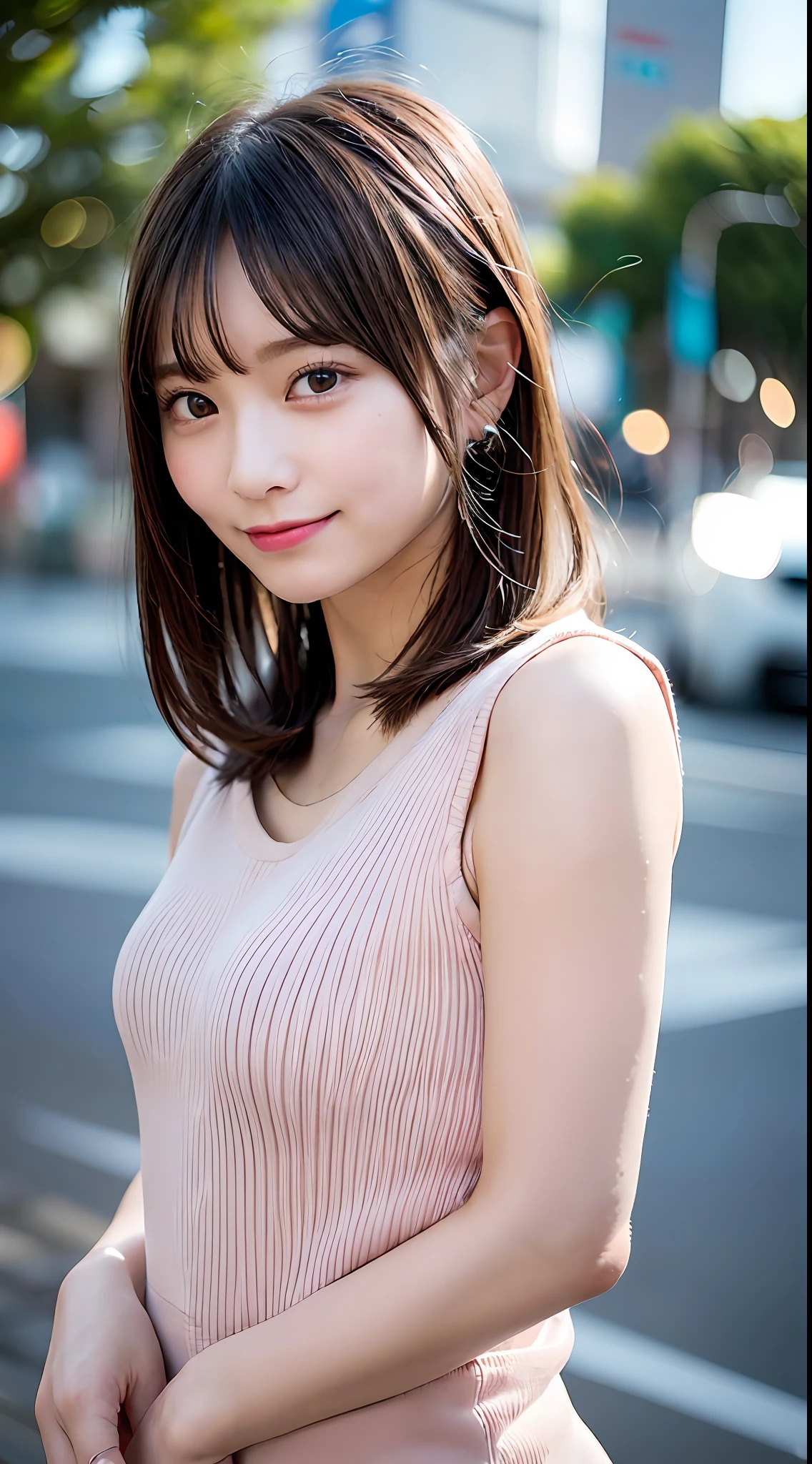 (8K、Raw photography、Top image quality、hight resolution:1.1)、(A hyper-realistic:1.4)、(realisitic、Photorealsitic:1.3)、Soft light、girl with、short-hair、japanes、20yr old、Lifelike face、Realistic body、real looking skin、、absurderes、​masterpiece、(cute little:1.8)、Cuties、独奏、(long:1.2)、Detailed black eyes、Innocent eyes、cheek、（Tank tops:1.2)、cinematric light、film grains、Hands on hips、((hugetits:1.1))、Pink lips、a closeup、Look Viewer、The upper part of the body、 Open lips、Upper teeth、(Smiling eyes:0.6)、((Grinning:1.2))、depth of fields、blurry backround、eyes focus、bokeh dof、夏天、Shinjuku、the met、mare、105mm lens、Colossal tits、F / 1.4、Professional Lighting、年轻、portlate、photon maping、Radio City、physically-based renderingt