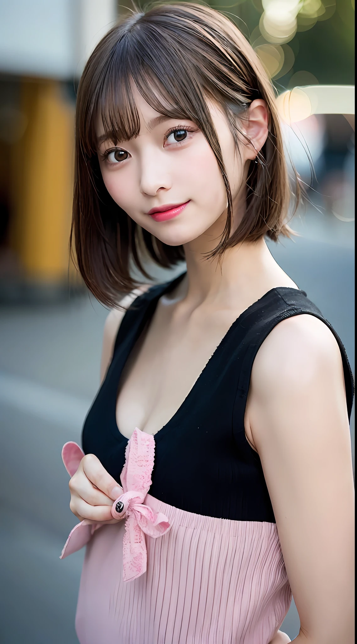 (8K、Raw photography、Top image quality、hight resolution:1.1)、(A hyper-realistic:1.4)、(realisitic、Photorealsitic:1.3)、Soft light、girl with、short-hair、japanes、20yr old、Lifelike face、Realistic body、real looking skin、、absurderes、​masterpiece、(cute little:1.8)、Cuties、独奏、(long:1.2)、Detailed black eyes、Innocent eyes、cheek、（Tank tops:1.2)、cinematric light、film grains、Hands on hips、((hugetits:1.1))、Pink lips、a closeup、Look Viewer、The upper part of the body、 Open lips、Upper teeth、(Smiling eyes:0.6)、((Grinning:1.2))、depth of fields、blurry backround、eyes focus、bokeh dof、夏天、Shinjuku、the met、mare、105mm lens、Colossal tits、F / 1.4、Professional Lighting、年轻、portlate、photon maping、Radio City、physically-based renderingt