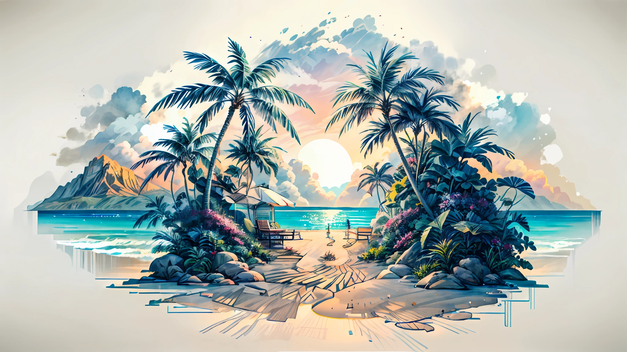 There is a view of a beach with palm trees and a body of water, tropical landscape, tropical beach paradise, tropical beach, on a tropical beach, beautiful tropical island beach, tropical location, beautiful breathtaking beach, beach and tropical vegetation, palm trees on the beach, tropical climate, atmosphere, tropical scenery, beach landscape, beautiful beach, tropical paradise