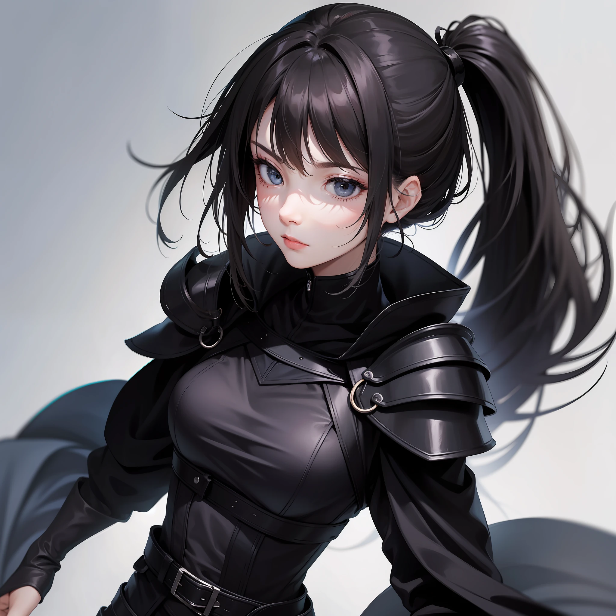 Black tight armor,High ponytail,The expression is gentle,One-shoulder cloak,solo person,The upper part of the body,Need,tmasterpiece --auto