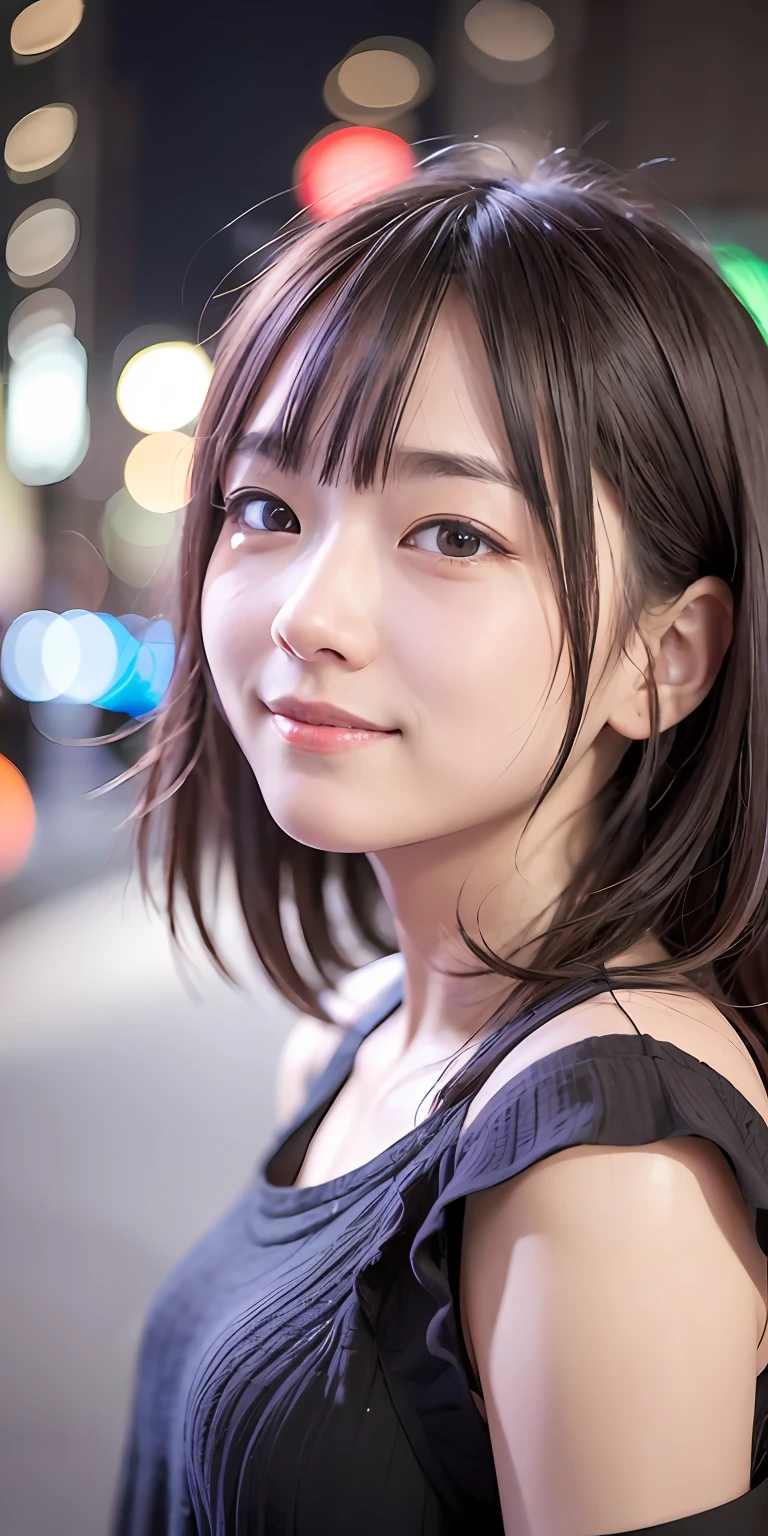 ***1人、Tokyo Street、natta、A city scape、city light、The upper part of the body、a closeup、a smile、、(8k、RAW Photography、top-quality、​masterpiece:1.2)、 A smile,(realisitic、photoRealstic:1.37)、