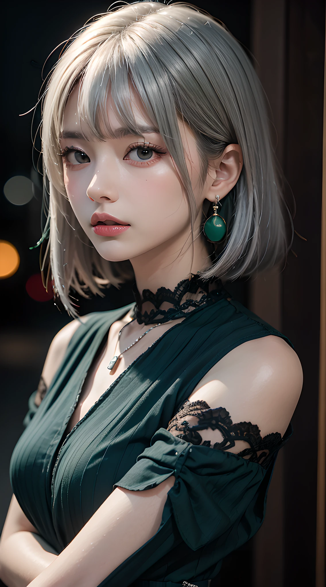 A close up of a woman with a green dress and earrings - SeaArt AI