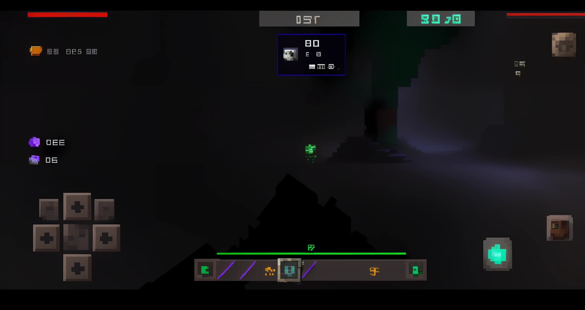 Screenshot of the dark room with a green light, gameplay screenshot with ui, low quality footage, Subtle glitches, Health bar HUD, game hud, minecraft gameplay, roguelike style, Roguelike, fps view, extremely gloomy lighting, bioluminescent skin!, in - game footage, in-game footage