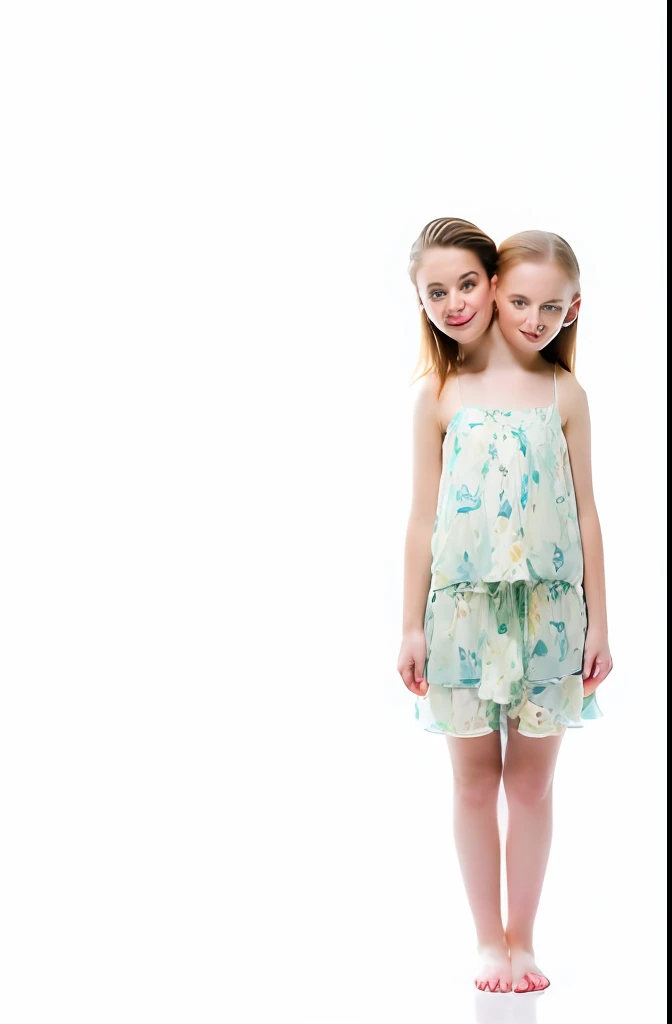 2heads, two headed girl, mom and daughter, (one torso:1.5), pale skin, Scottish redhead, teenager, white girls, different ages, (two heads on one body:1.4), (first head uncomfortable:1.5), (second head unhappy:1.5) conjoined twins, one torso, young, uncomfortable, barefoot