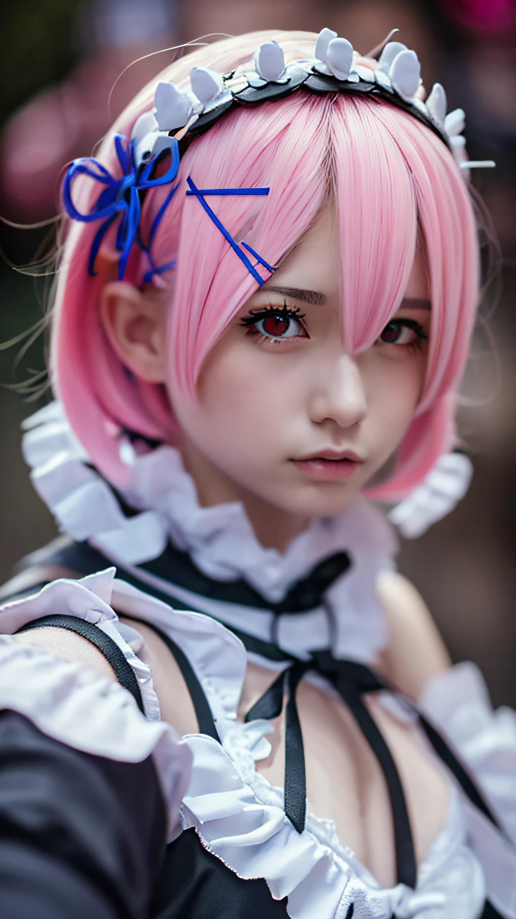 realistic, 1girl, pink hair, red eyes, masterpiece, top quality, high resolution, best quality, highres, ultra-detailed, Ram from Re:Zero, looking at viewers, 8k UHD, (masterpiece,best quality: 1.2), ultra-detailed face, highres, 1girl solo, ((female adult)), detail face, realistic, perfect hand, bokeh, perfect face, 8k UHD, 20 years old woman, (half body:1.5), (medium breasts:1.2), photorealistic, ultrarealistic, absurdres, incredibly absurdres, Canon EOS R6, 85mm, 1/200s, f/5.6, ISO 1600, nice hands, perfect hands