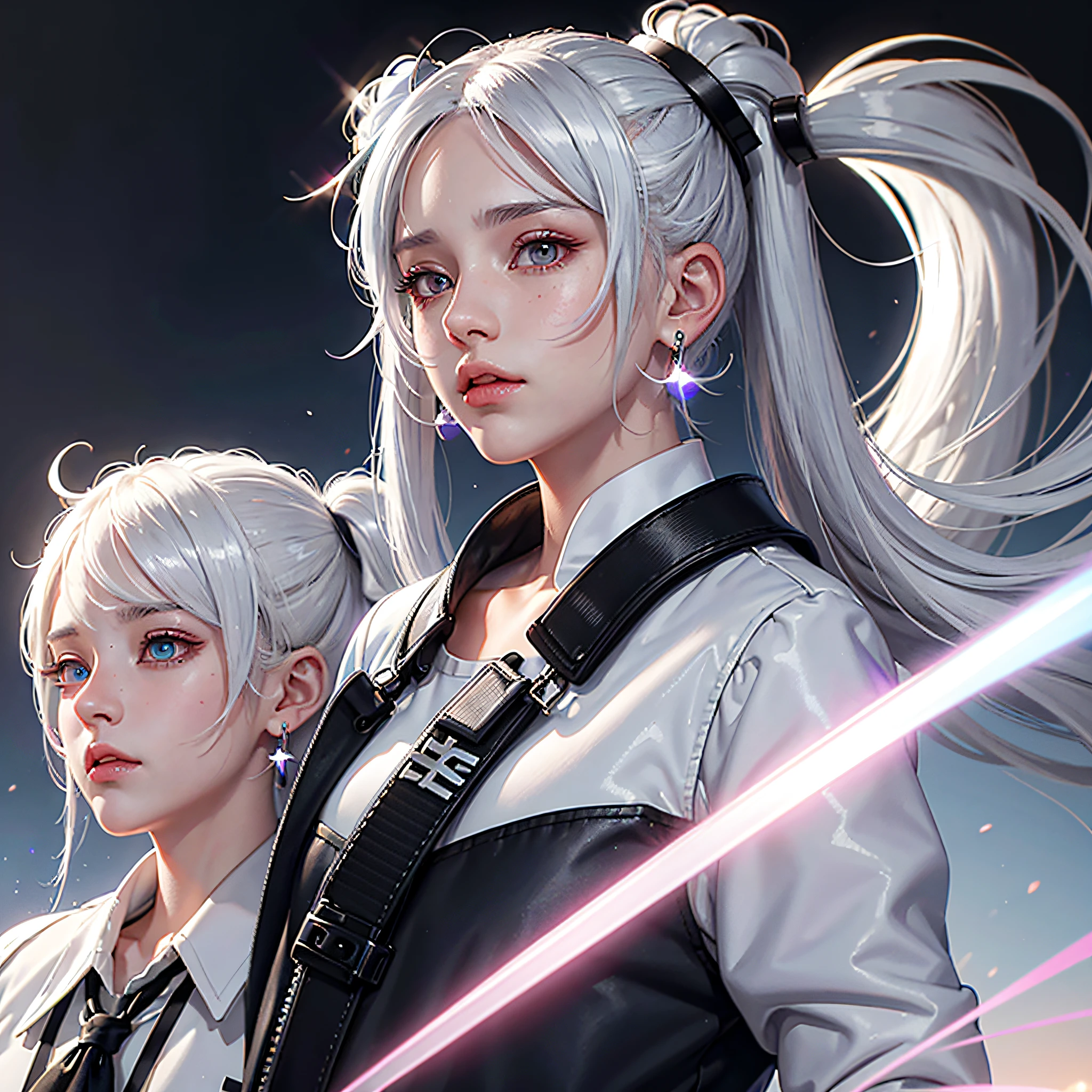 silver hair, twintails, gradient hair, hairclip, headphones, whistle around neck, mismatched pupils, gradient eyes, heterochromia, earrings, crescent earrings, shy, tsundere, high detail, anime style, ray tracing, god rays, 8k, super detail, ccurate, best quality, 16k, highres, high quality --auto
