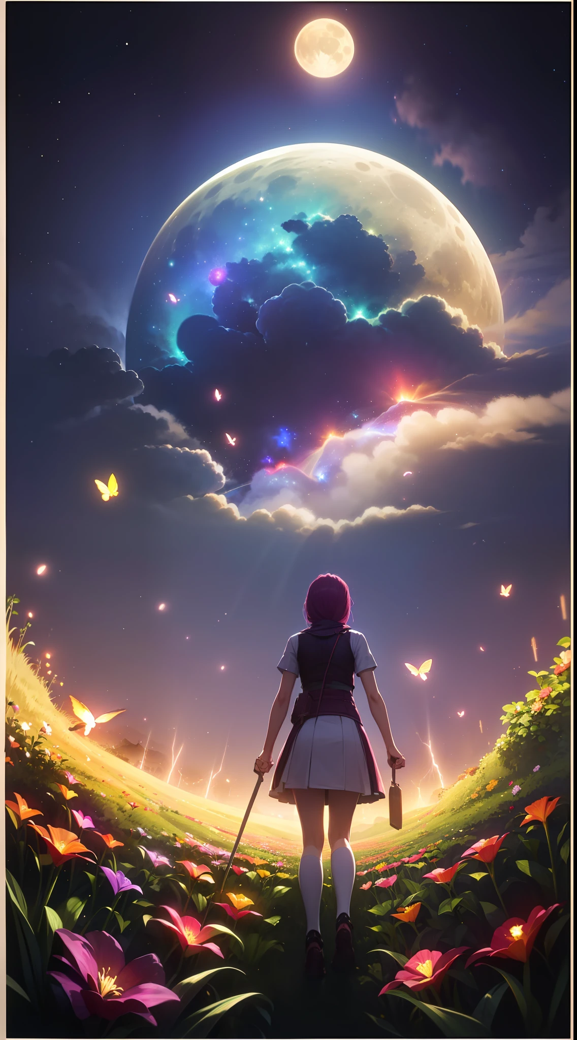 Vast landscape photos、(The sky is up as seen from below、The field is down)、Girl standing in a flower garden and looking up、(fullmoon:1.2)、(meteors:0.9)、(nebulas:1.3)、mountain in the distance々、The tree々 BREAK Craft Art、(Warm light:1.2)、(fireflys:1.2)、A light、lightning bolt、the wind、Lots of Purples and Oranges、intricate detailes、voluminous lighting、Realism Break(master piece: 1.2), (Top image quality), 8K, The ultra-detailliert, (dynamic compositions: 1.4), ighly detailed, Colorful Detail, (Rainbow Color: 1.2), (Glow lighting, Atmosphere Lighting), dream-like, Magical, (独奏: 1.2)