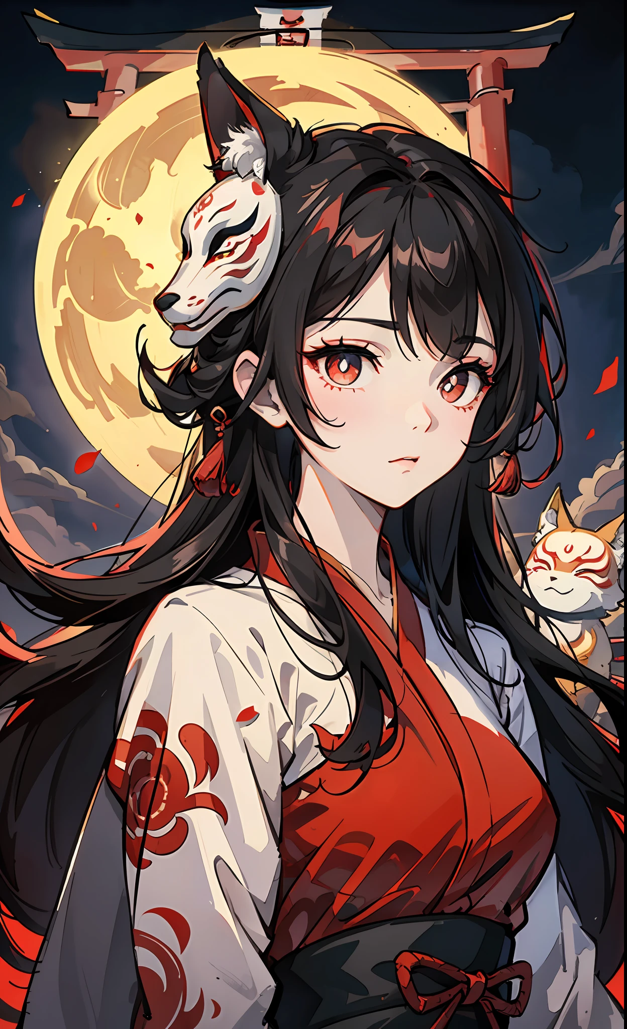 A MILF、A dark-haired、floting hair、Delicat eyes、red pupils、heroine、Fushimi Inari、Red torii gate、natta、Moon Night、Fox mask、black and red antique damask Hanfu、FOV、f1.8、​masterpiece、complex scenes、Gorgeous portrait shots