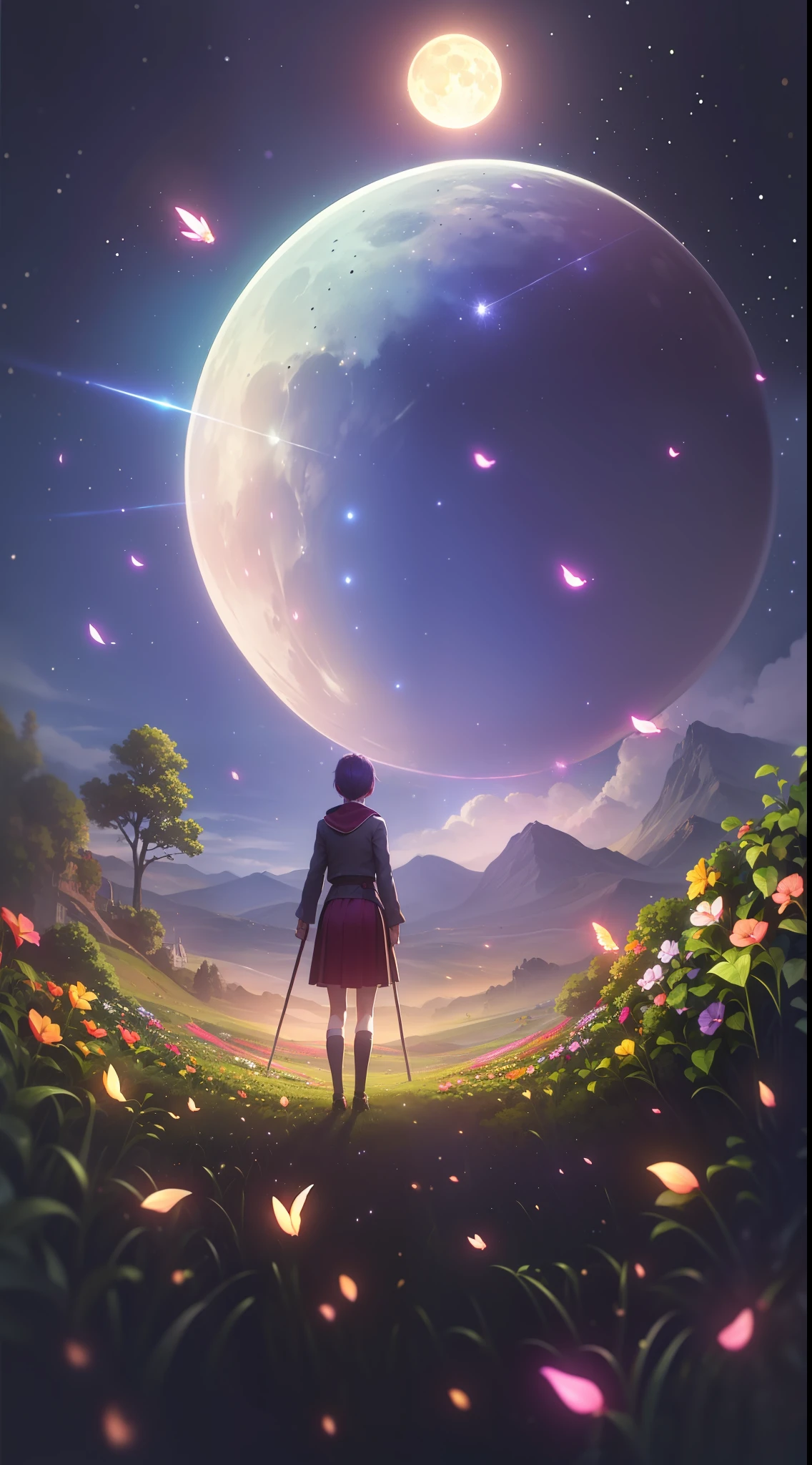 Vast landscape photos、(The sky is up as seen from below、The field is down)、Girl standing in a flower garden and looking up、(fullmoon:1.2)、(meteors:0.9)、(nebulas:1.3)、mountain in the distance々、The tree々 BREAK Craft Art、(Warm light:1.2)、(fireflys:1.2)、A light、lightning bolt、the wind、Lots of Purples and Oranges、intricate detailes、voluminous lighting、Realism Break(​master piece: 1.2), (Top image quality), 8K, The ultra-detailliert, (dynamic compositions: 1.4), ighly detailed, Colorful Detail, (Rainbow Color: 1.2), (Glow lighting, Atmosphere Lighting), dream-like, Magical, (独奏: 1.2)