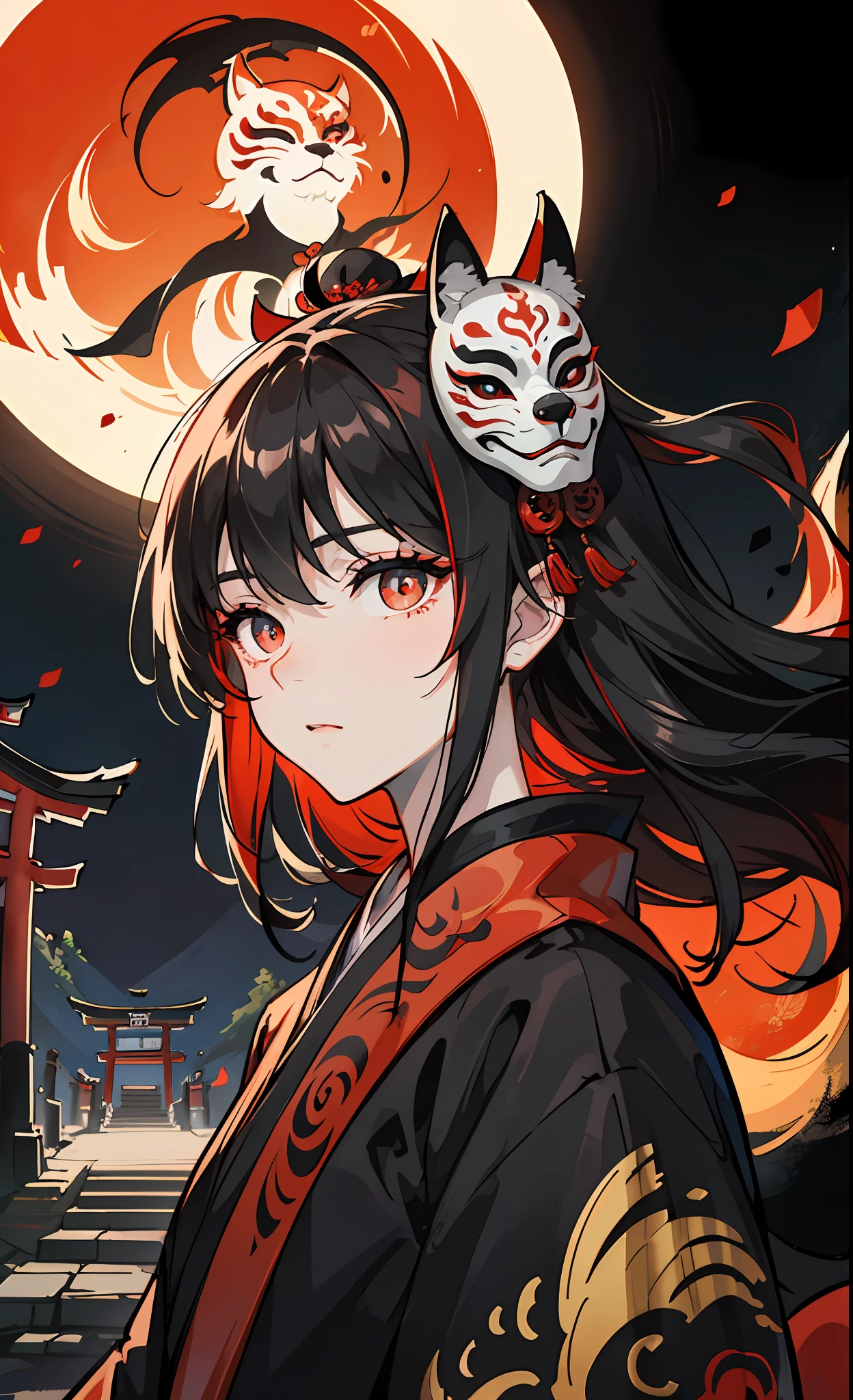 A MILF、A dark-haired、floting hair、Delicat eyes、red pupils、heroine、Fushimi Inari、Red torii gate、natta、Moon Night、Fox mask、black and red antique damask Hanfu、FOV、f1.8、masterpiece、complex scenes、Gorgeous portrait shots
