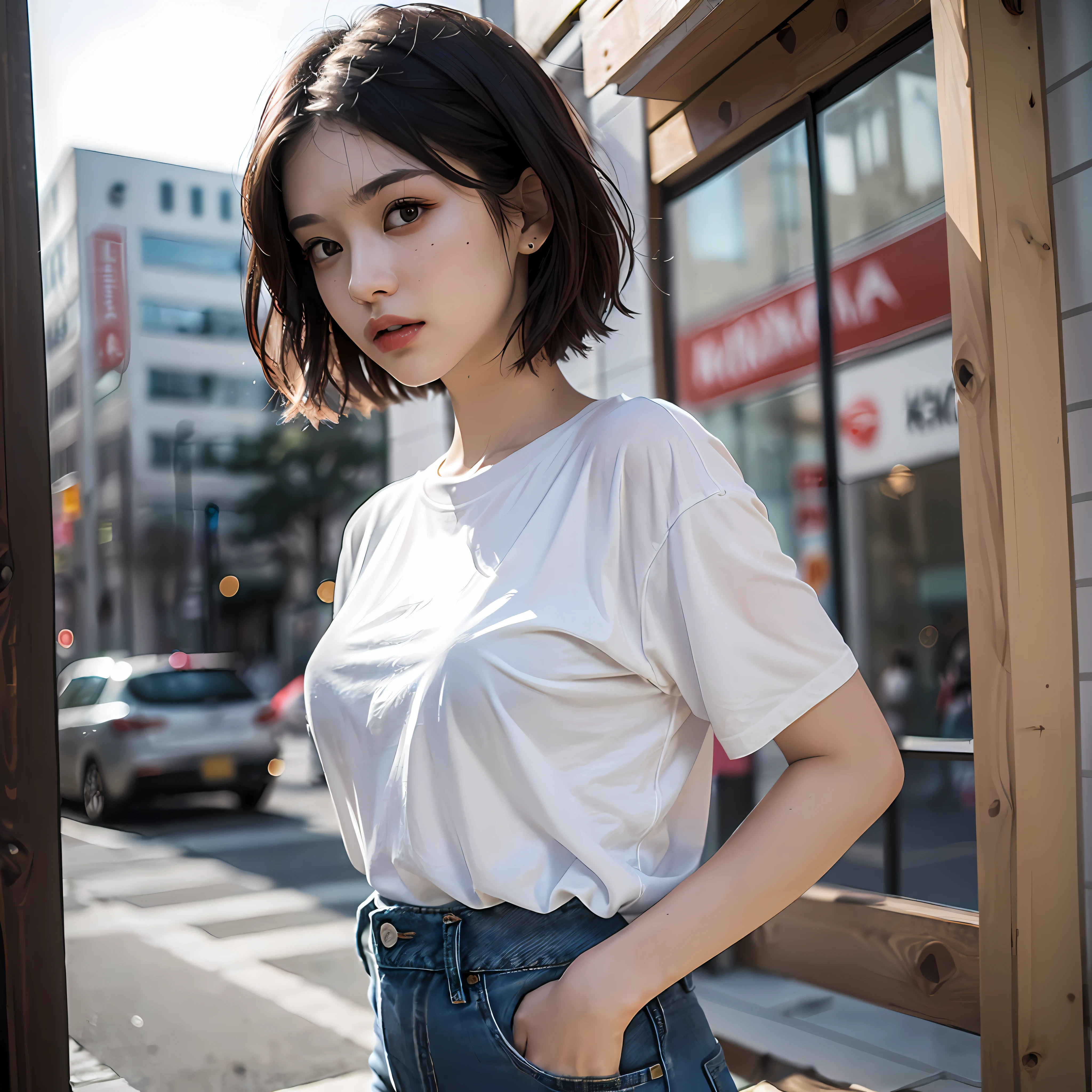 (8K、top-quality、masterpiece:1.2)、(realisitic、Photorealsitic:1.37)、ultra-detailliert、a handsome female、neuter、Oversized plain white t-shirt、Oversized jeans、Put the t-shirt inside your jeans、short hair、adult lady、raw skin、Cool face、Highly detailed female photos、