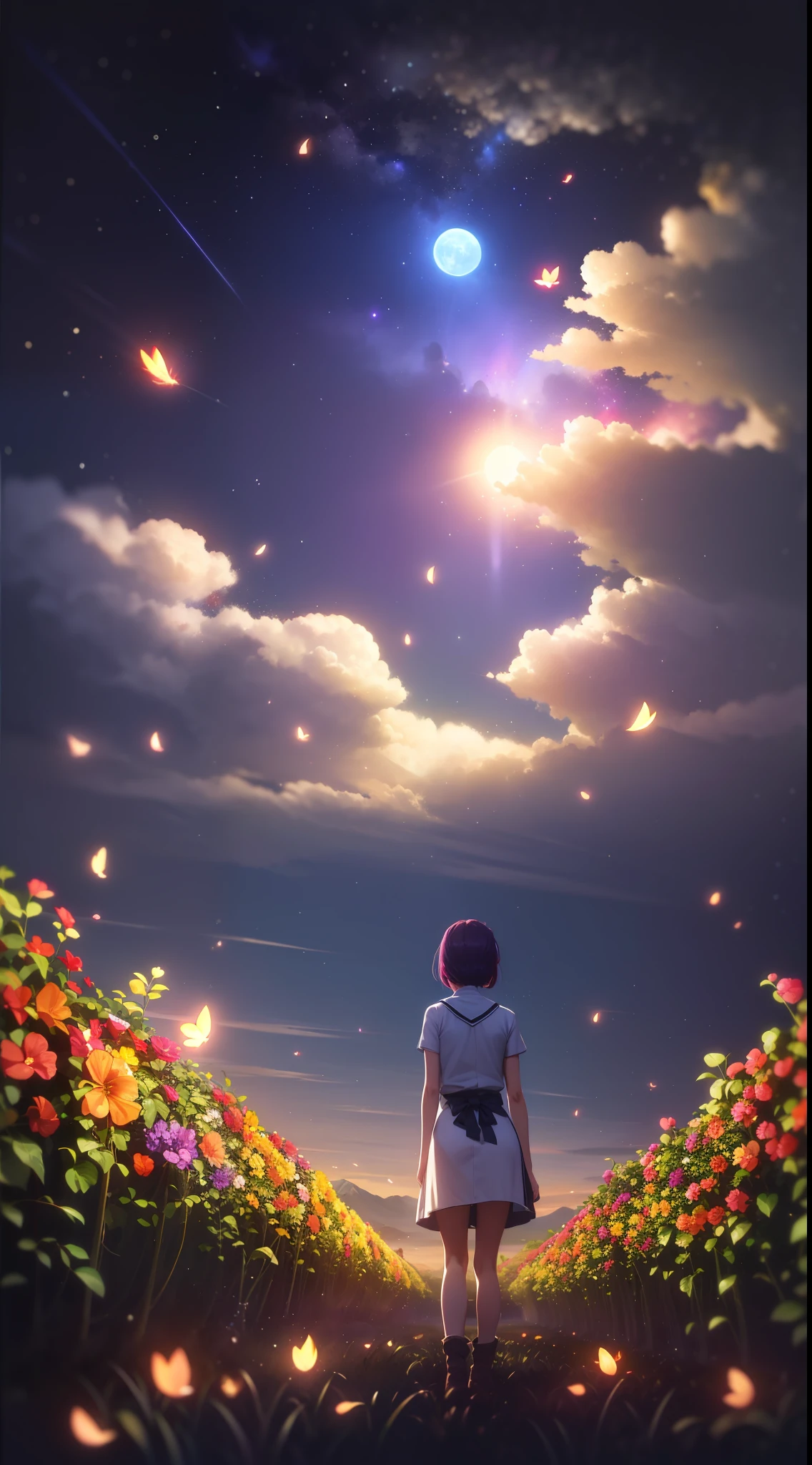 Vast landscape photos、(The sky is up as seen from below、The field is down)、Girl standing in a flower garden and looking up、(fullmoon:1.2)、(meteors:0.9)、(nebulas:1.3)、mountain in the distance々、The tree々 BREAK Craft Art、(Warm light:1.2)、(fireflys:1.2)、A light、lightning bolt、the wind、Lots of Purples and Oranges、intricate detailes、voluminous lighting、Realism Break(master piece: 1.2), (Top image quality), 8K, The ultra-detailliert, (dynamic compositions: 1.4), ighly detailed, Colorful Detail, (Rainbow Color: 1.2), (Glow lighting, Atmosphere Lighting), dream-like, Magical, (独奏: 1.2)