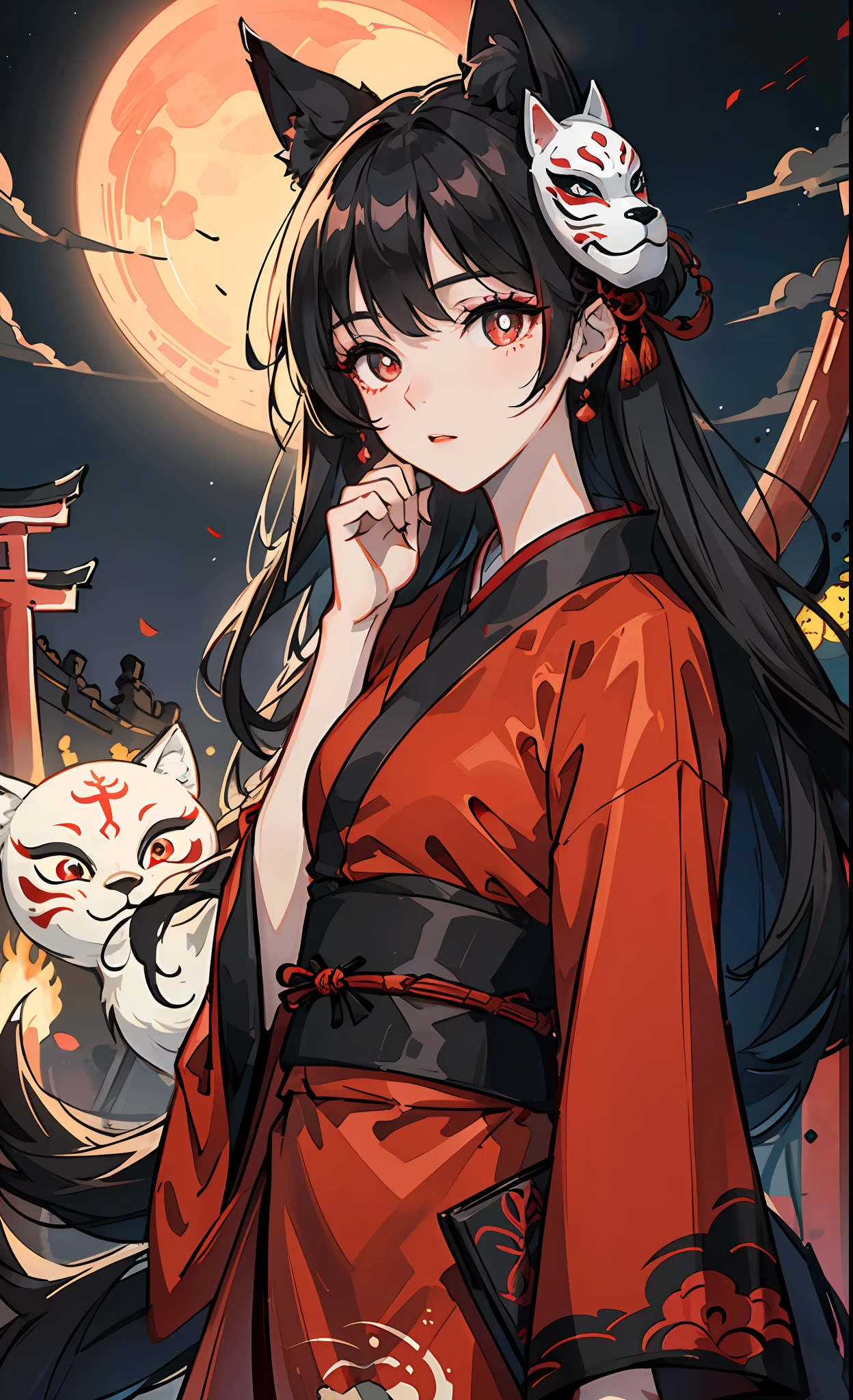 A MILF、A dark-haired、floting hair、Delicat eyes、red pupils、heroine、Fushimi Inari、Red torii gate、natta、Moon Night、Fox mask、black and red antique damask Hanfu、FOV、f1.8、masterpiece、complex scenes、Gorgeous portrait shots
