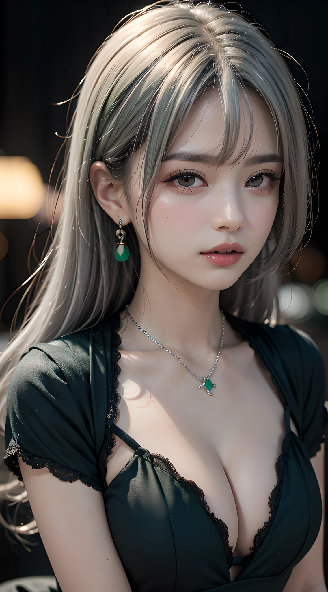 (masterpiece, best quality:1.5), night, dark theme, (platinum hair, upper body, looking at viewer, dark green dress:1.3), candid pose, earrings, necklace, (violaceaess, gardeniass, delicate girl, 8k, 85mm portrait, official art, raw photo, absurdres, short sleeve, cinch waist:0.8), sophisticated, (facelight, clear lighting, sharp focus:0.8), redish pink lips, bokeh background, detailed eyes and face, close up face