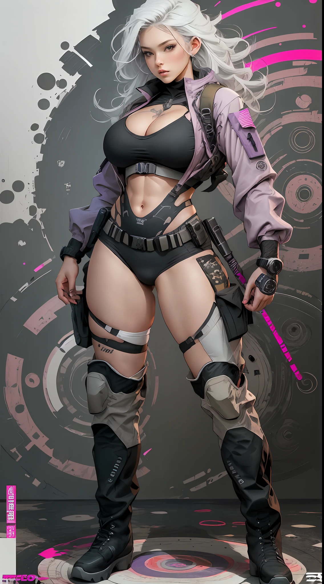 Grey, pink, white, purple, (long white hair woman), (full body shot), tattoos, muscular, big breasts, cleavage, sexy, erotic, (tactical techwear clothes:1.1), (tactical boots:1.1), abstract lines and circles background