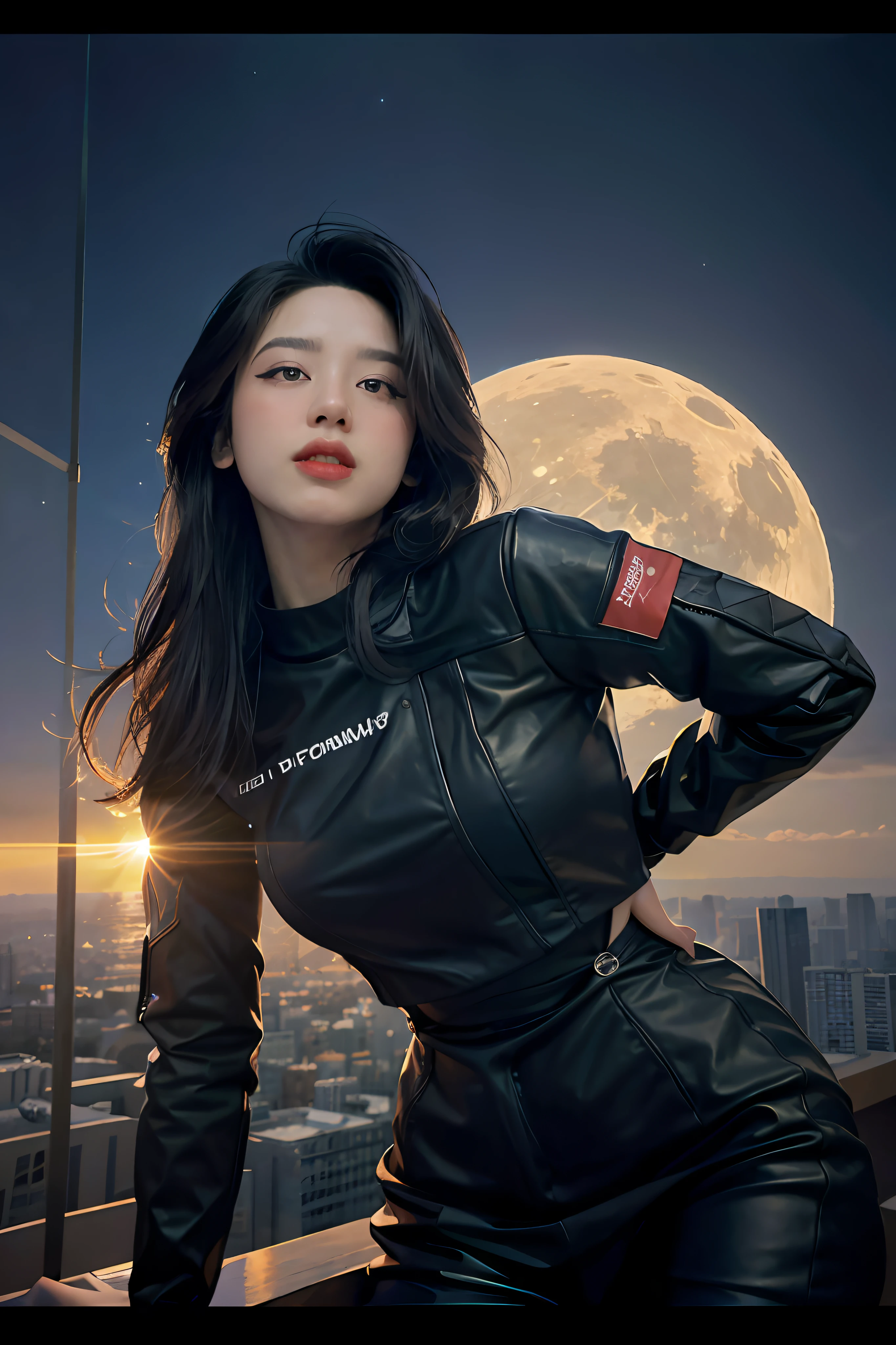 （Full shot：1.4）Photo of a robot woman on the moon，tmasterpiece，（Realism：1.4），The best quality，Beautiful light，Braided hairstyle，Ray traching，space backdrop，（The background is very detailed，Busy background：0.8），earth in background，sharp fokus，volume fog，8k uhd，dslr，High Picture Quality，filmgrain，Foto realism，lomography，in（A huge metropolis in a dystopia of the future）ia），Viewpoint from below，semi transparent，（HDR：1.2）